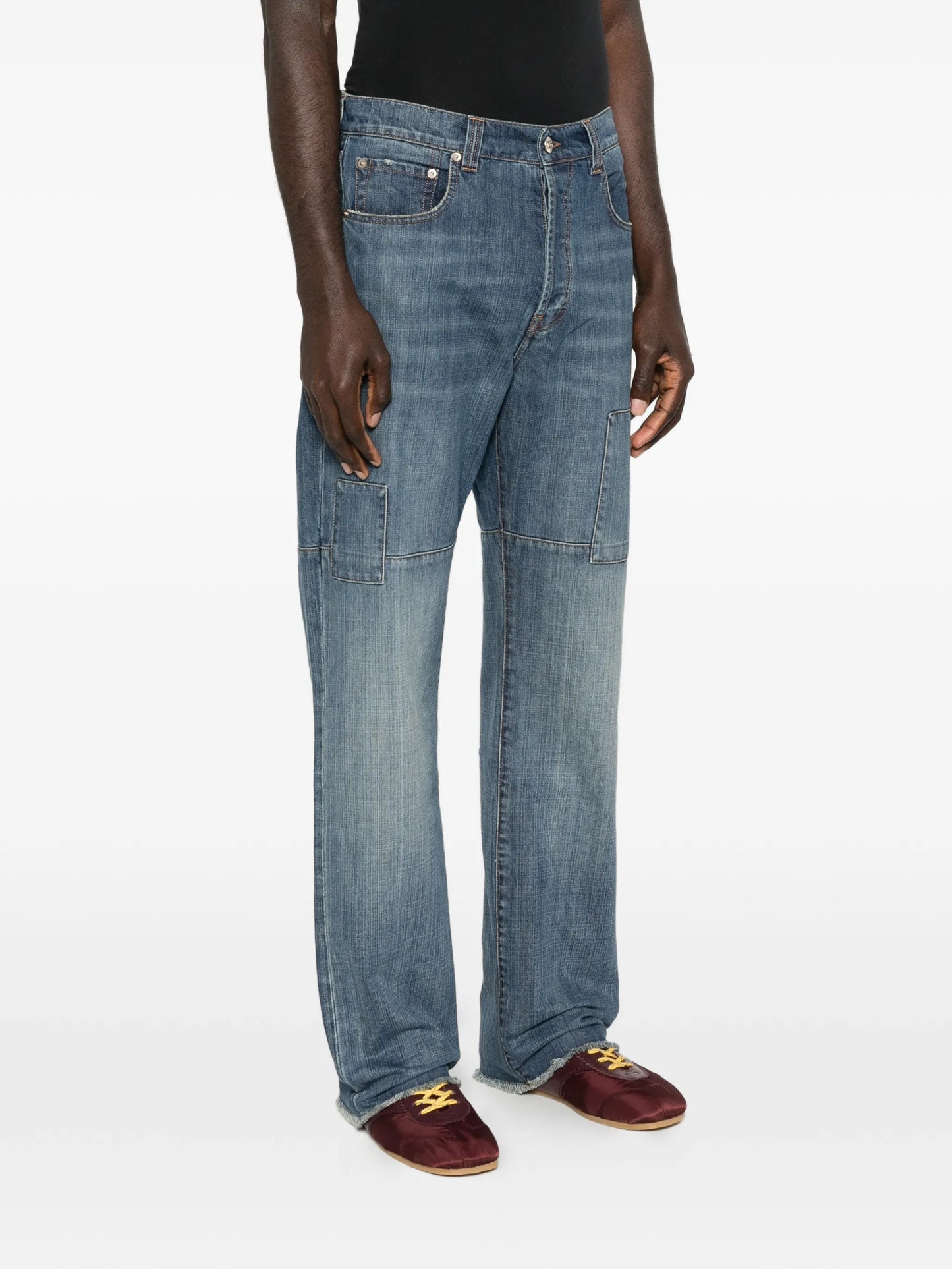 patched slub wide-leg jeans