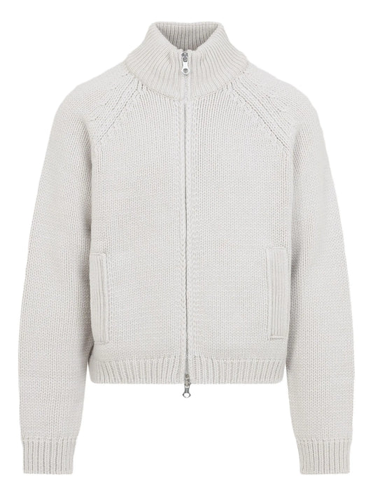 high-neck zip-front cardigan