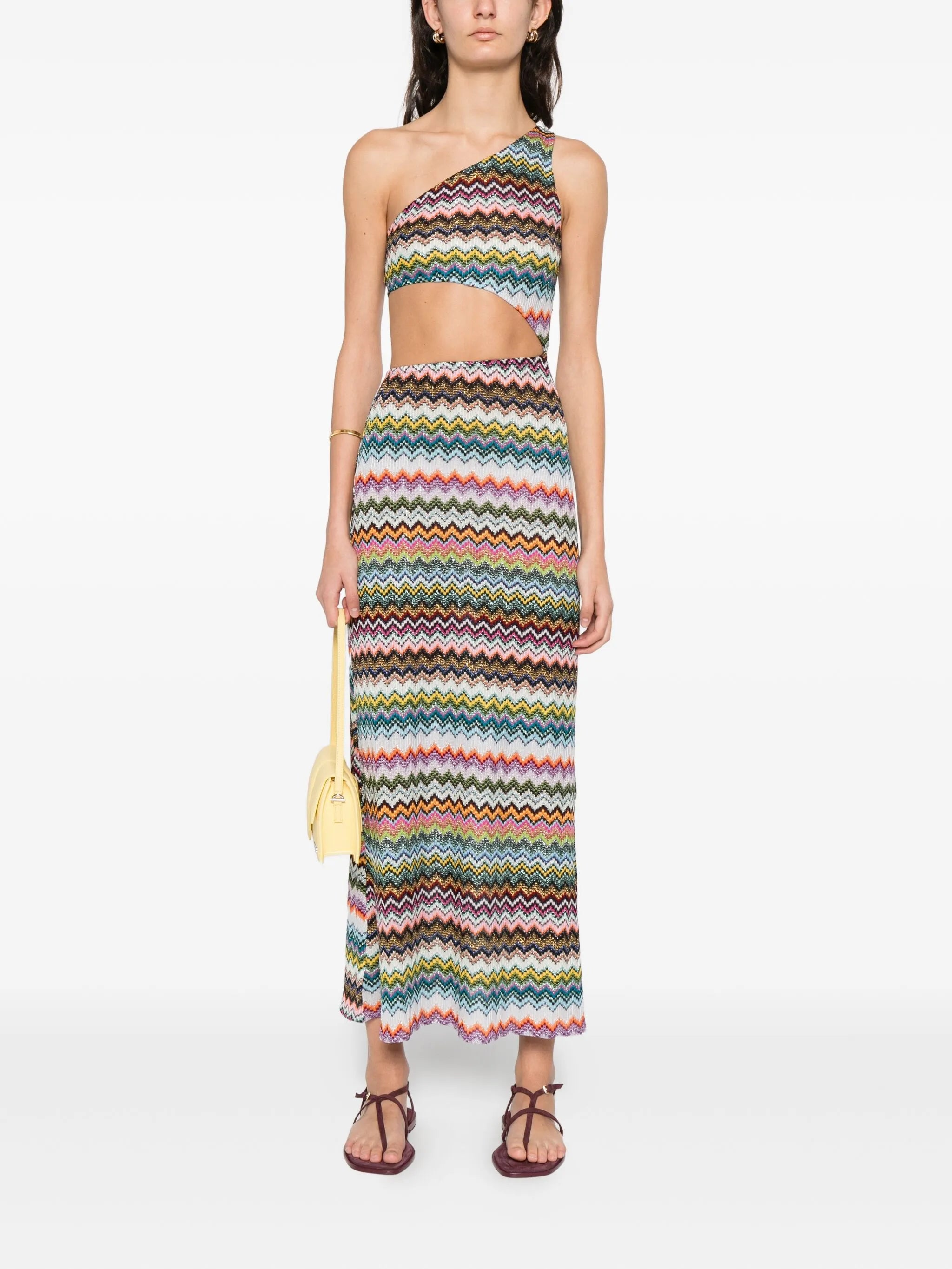 one-shoulder cover-up in lamé viscose with pixel-effect zigzag pattern