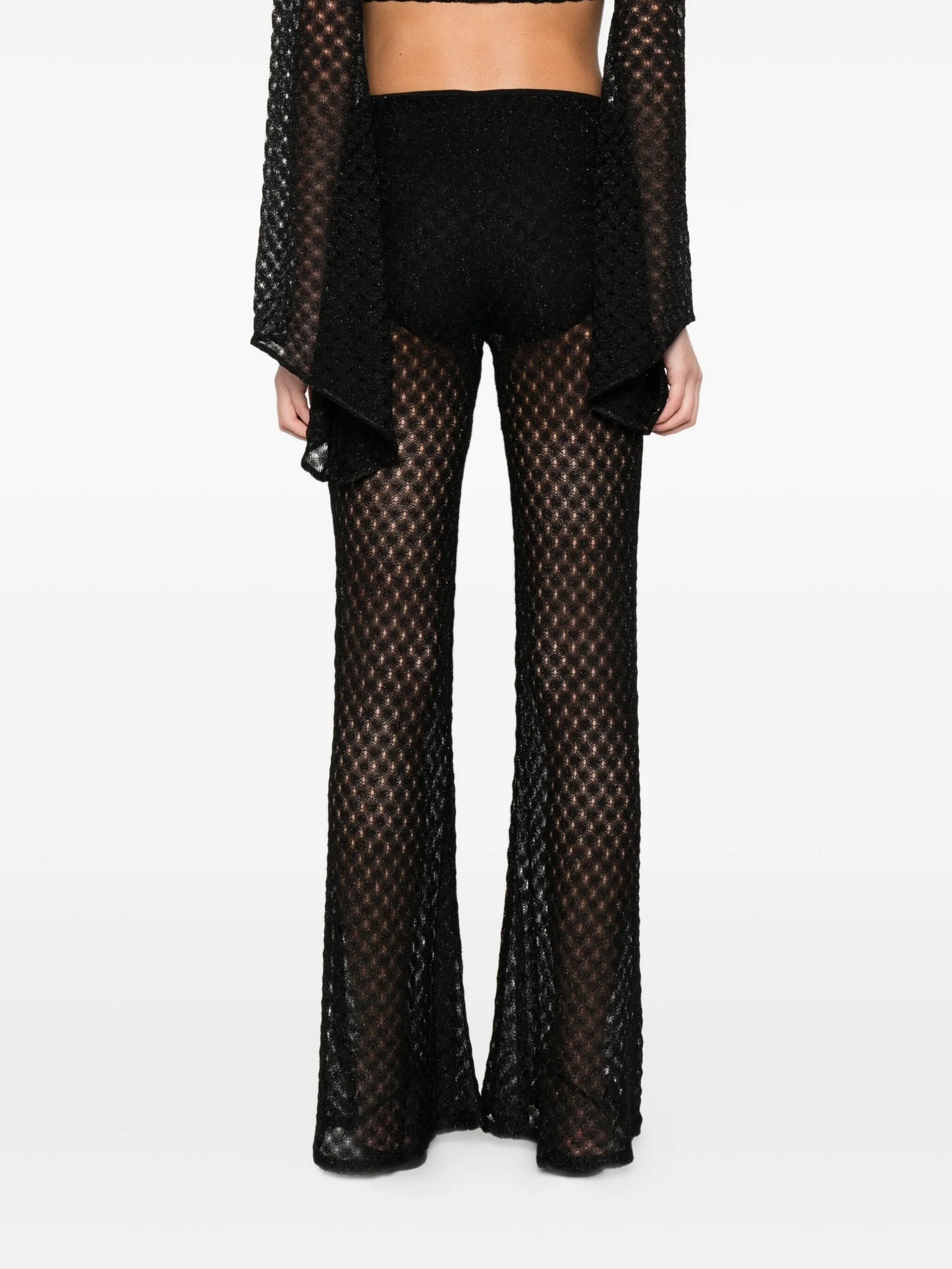 crochet-knit sheer trousers