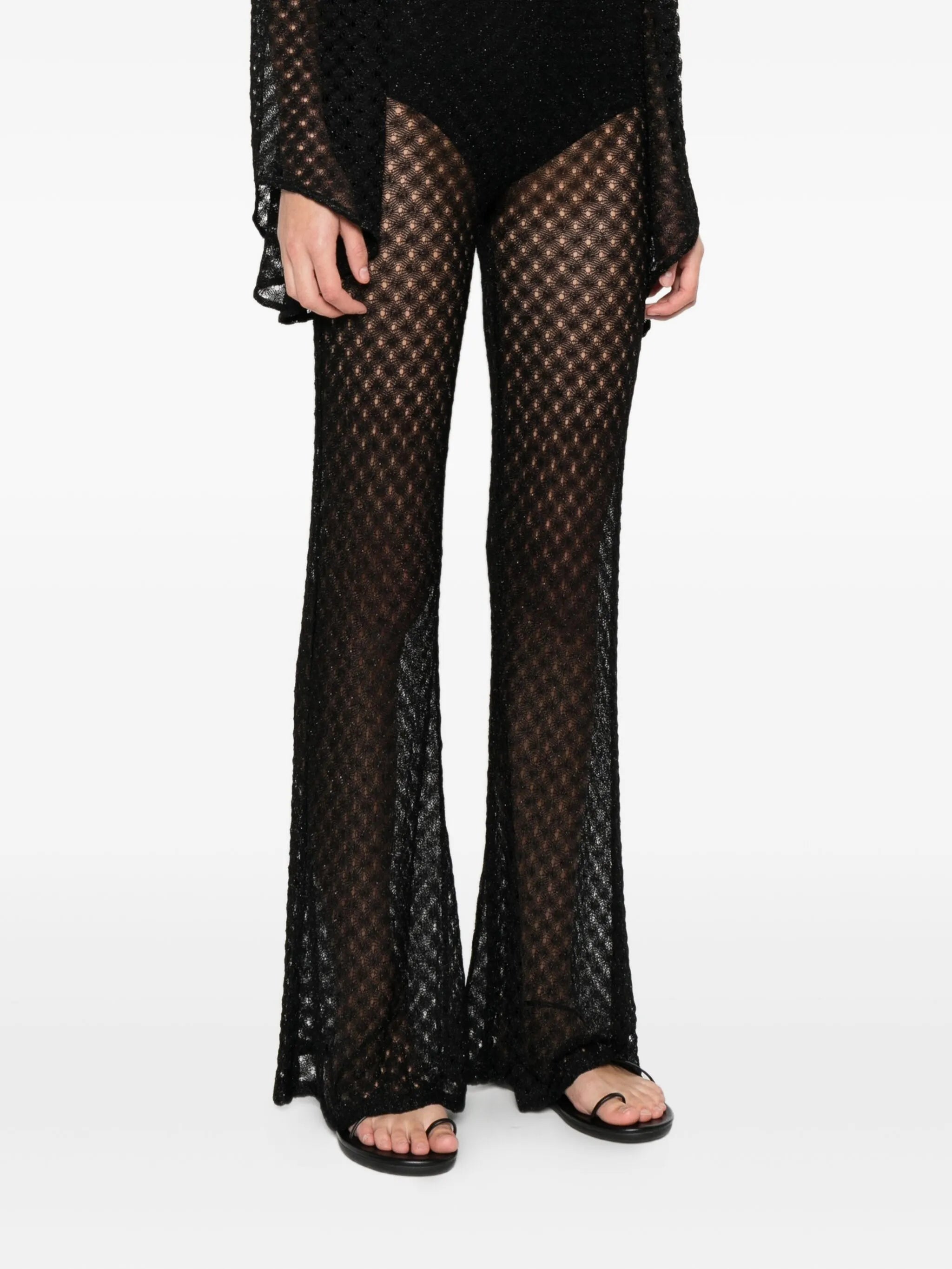 crochet-knit sheer trousers