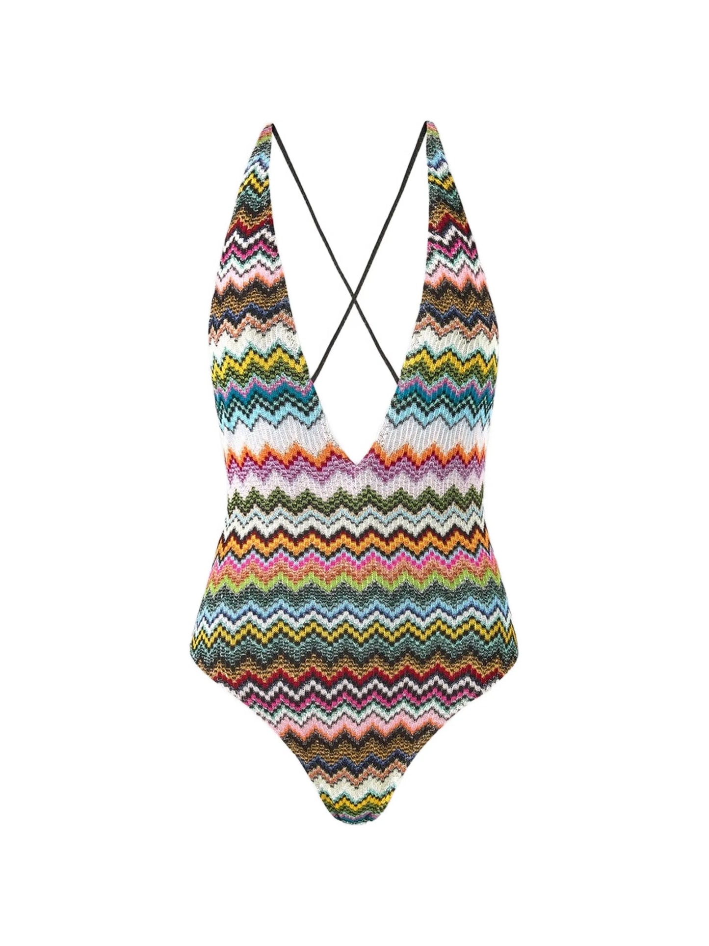one-piece swimsuit in lamé viscose with pixel-effect zigzag pattern and V-neckline