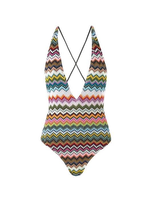 one-piece swimsuit in lamé viscose with pixel-effect zigzag pattern and V-neckline