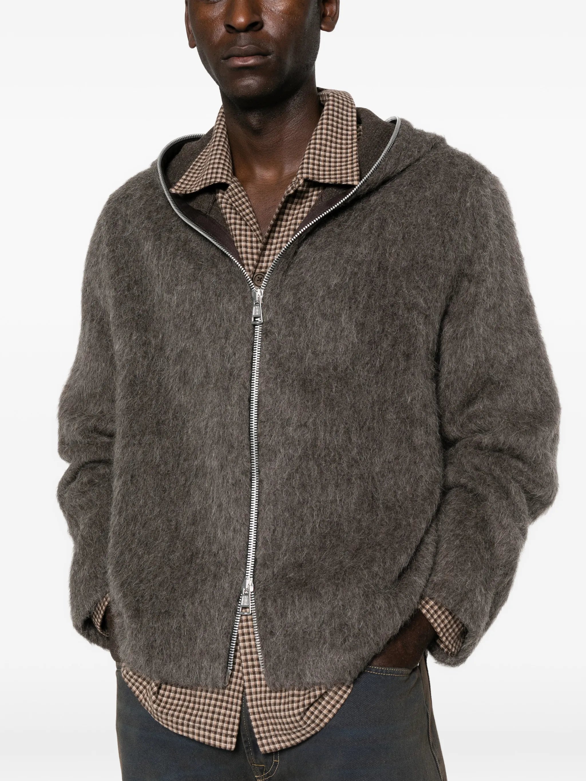 hairy-texture zip-up hoodie