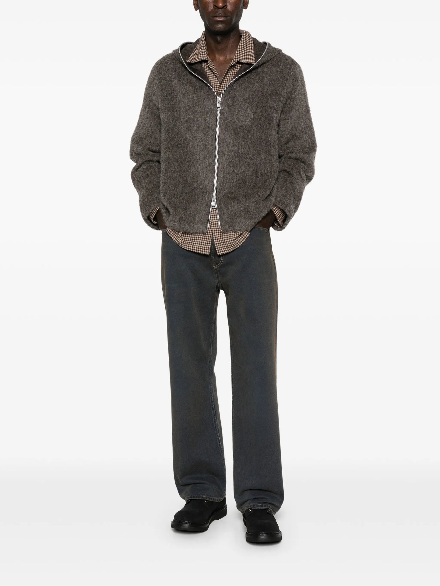 hairy-texture zip-up hoodie