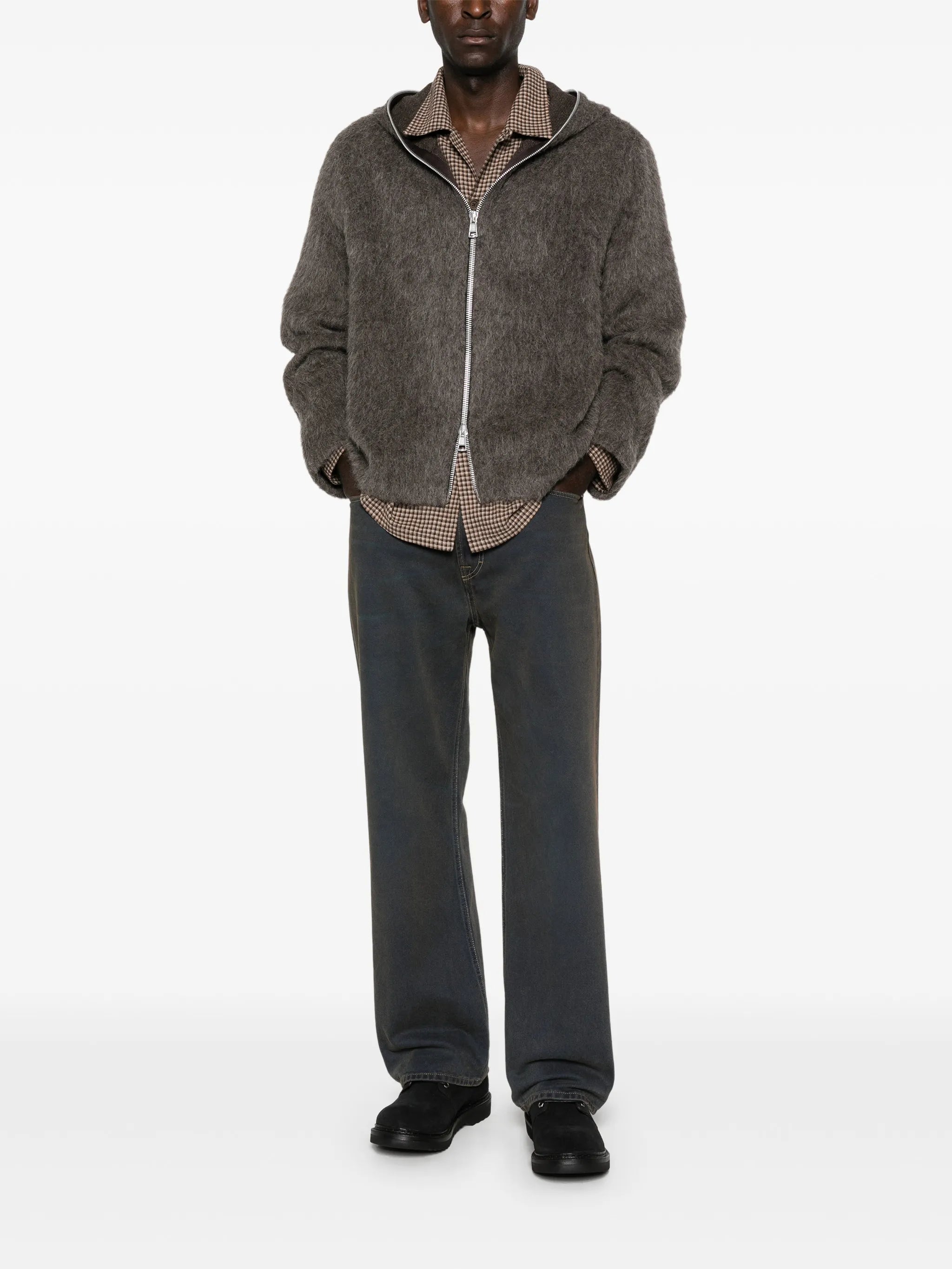 hairy-texture zip-up hoodie