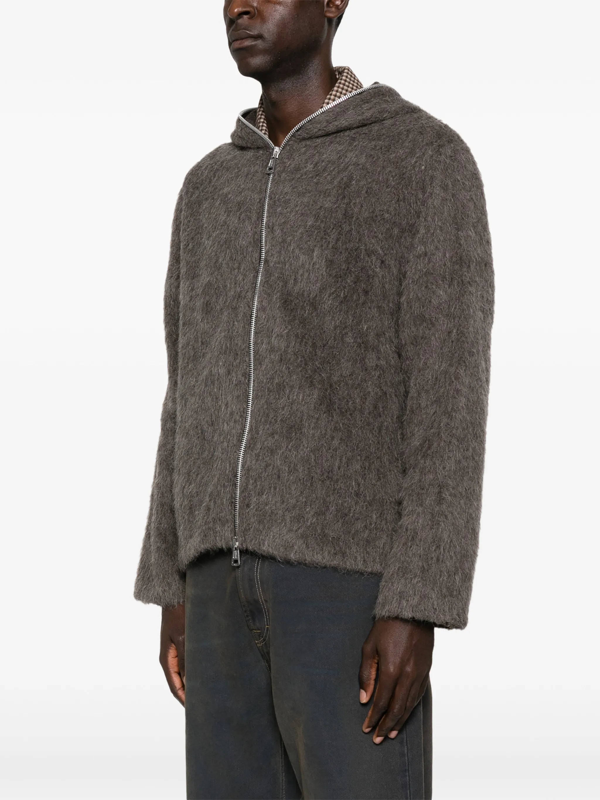 hairy-texture zip-up hoodie