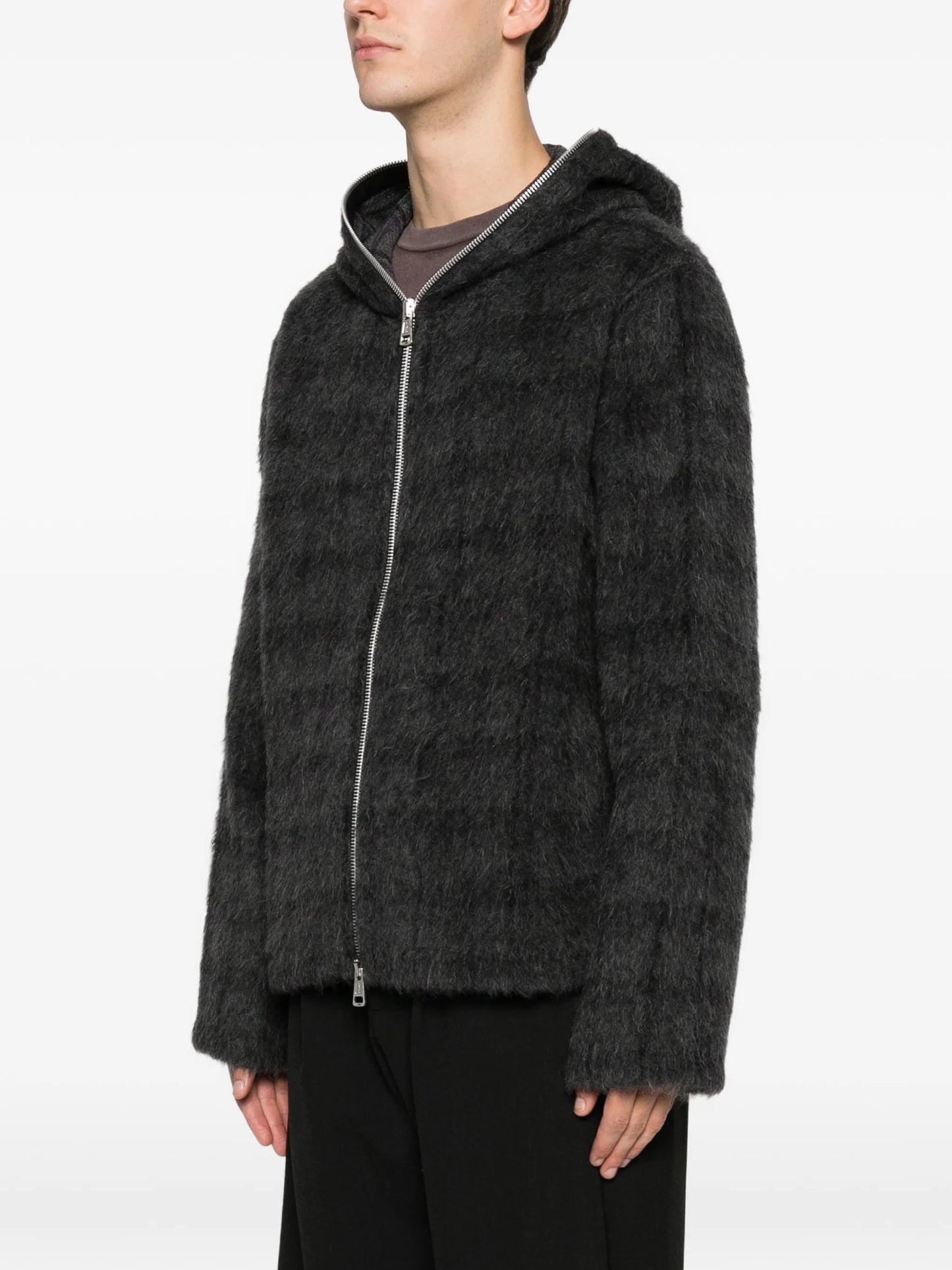 check-pattern zip-fastening hoodie