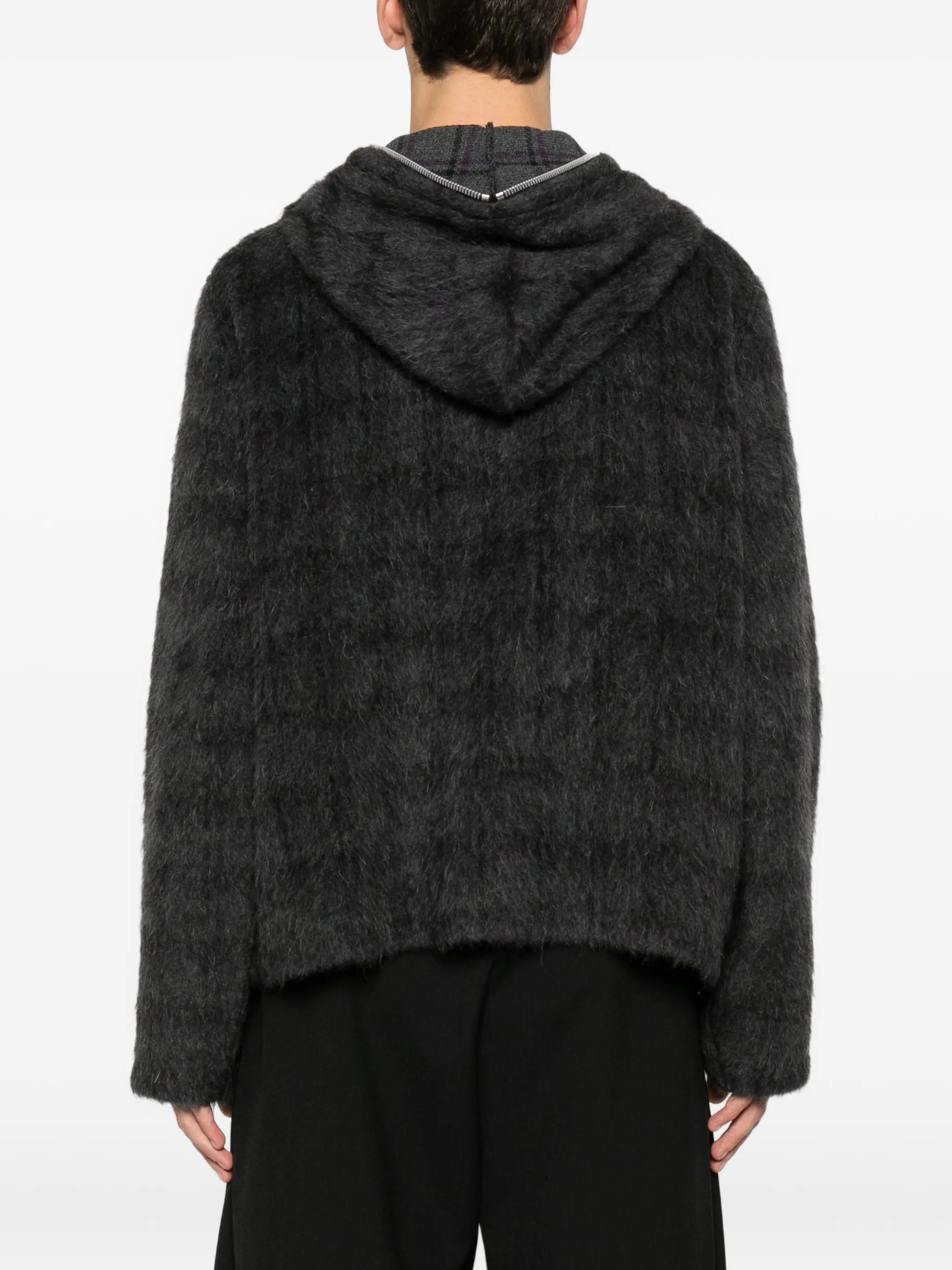 check-pattern zip-fastening hoodie