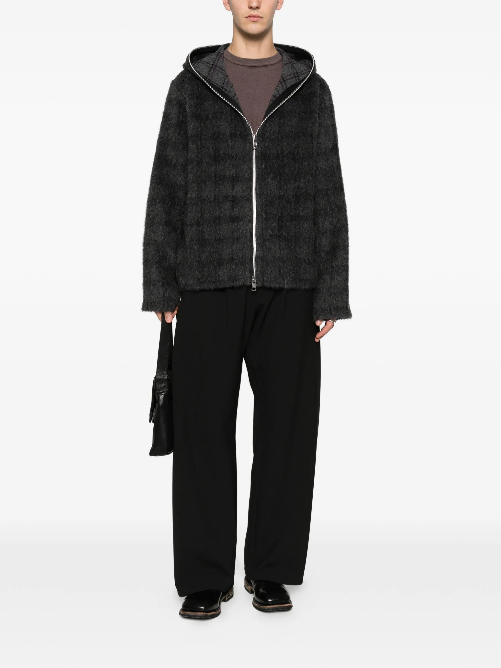 check-pattern zip-fastening hoodie