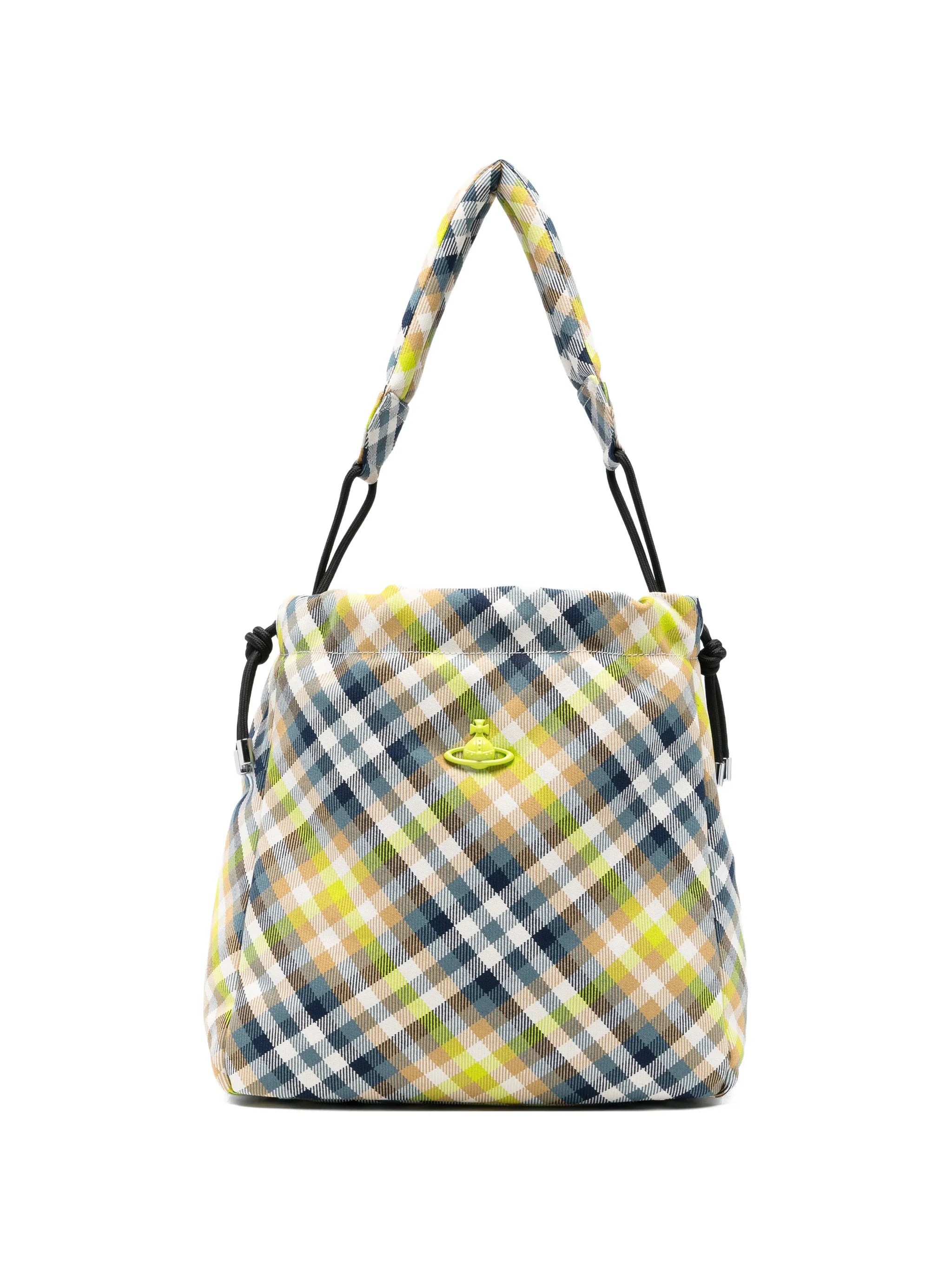 woven tartan bucket bag