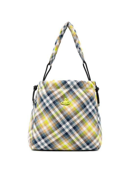 woven tartan bucket bag
