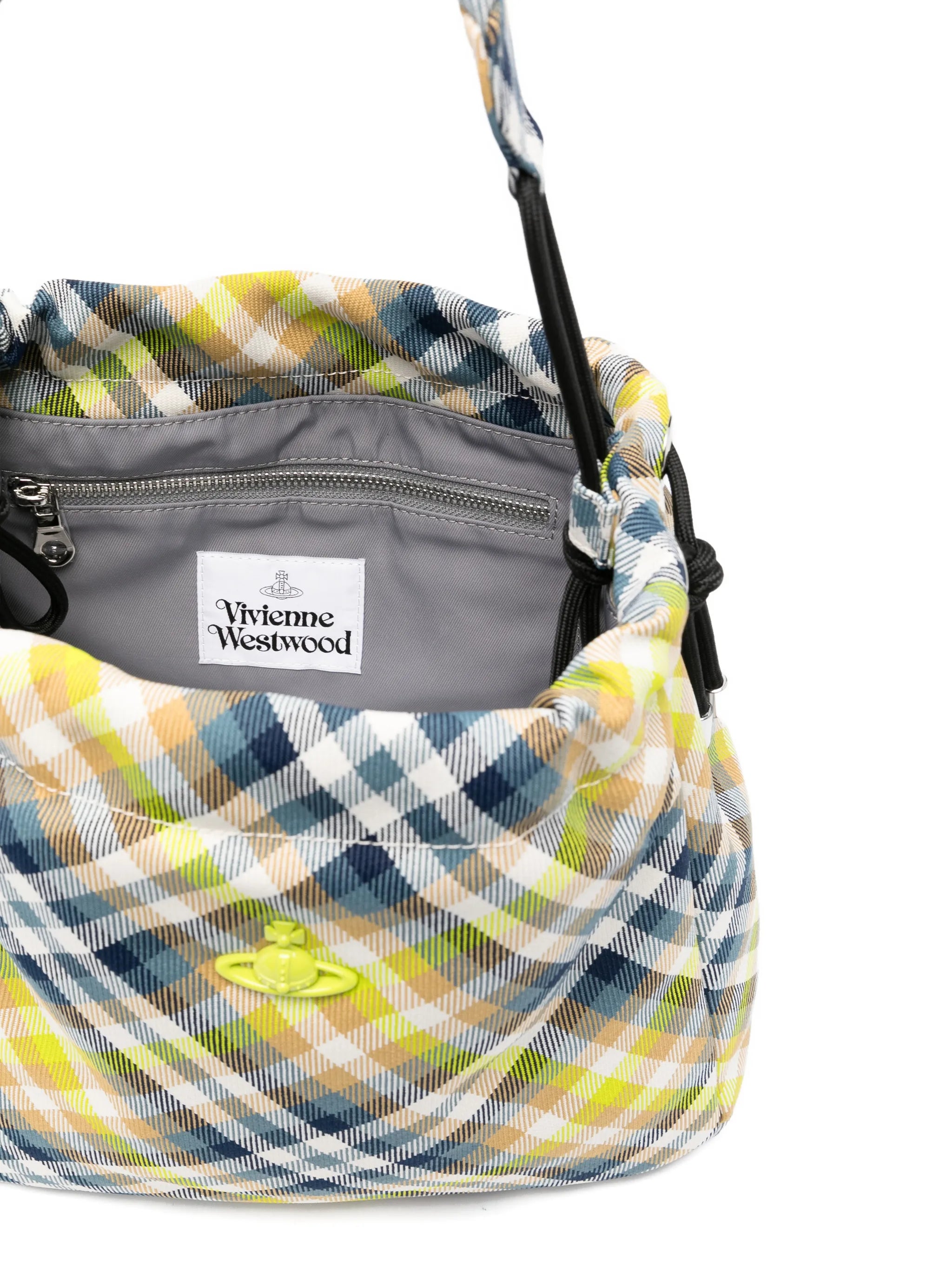 woven tartan bucket bag