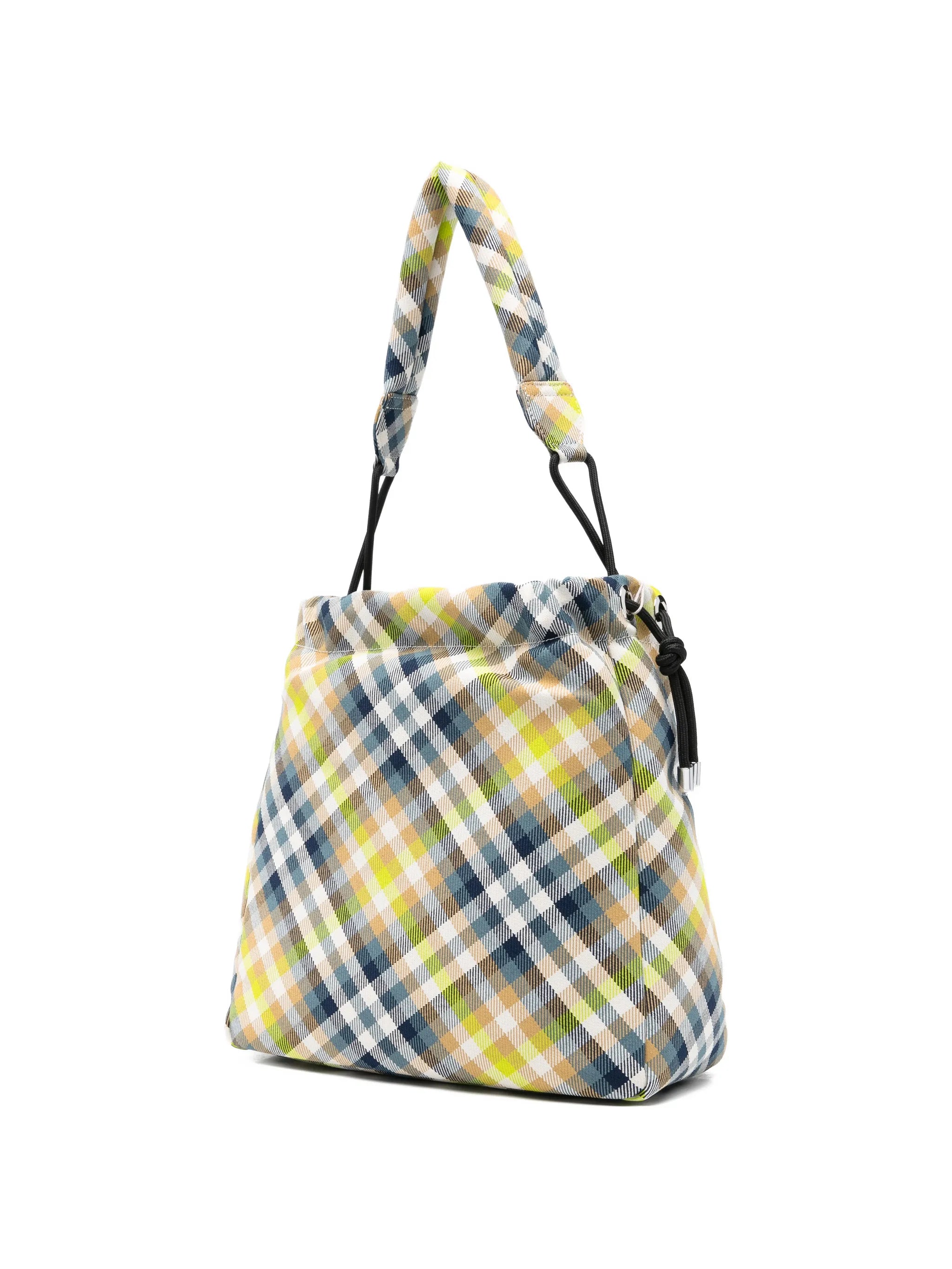 woven tartan bucket bag