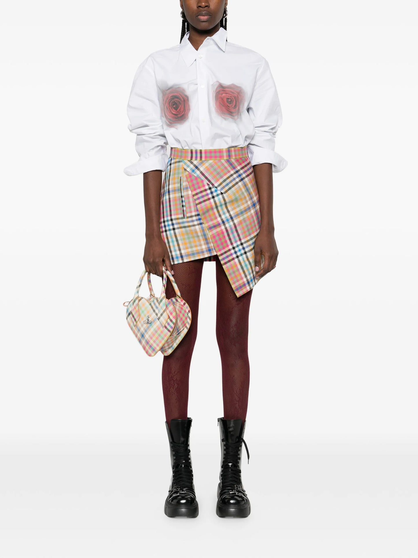 Infinity plaid-pattern asymmetric mini skirt