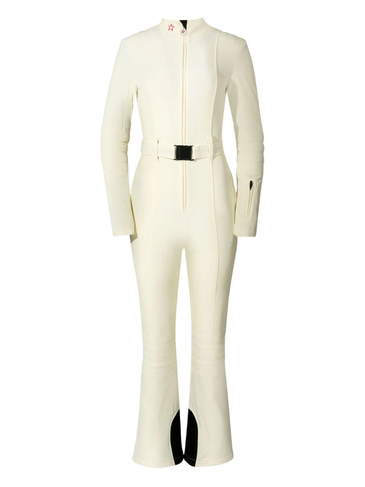 belted zip-up ski suit