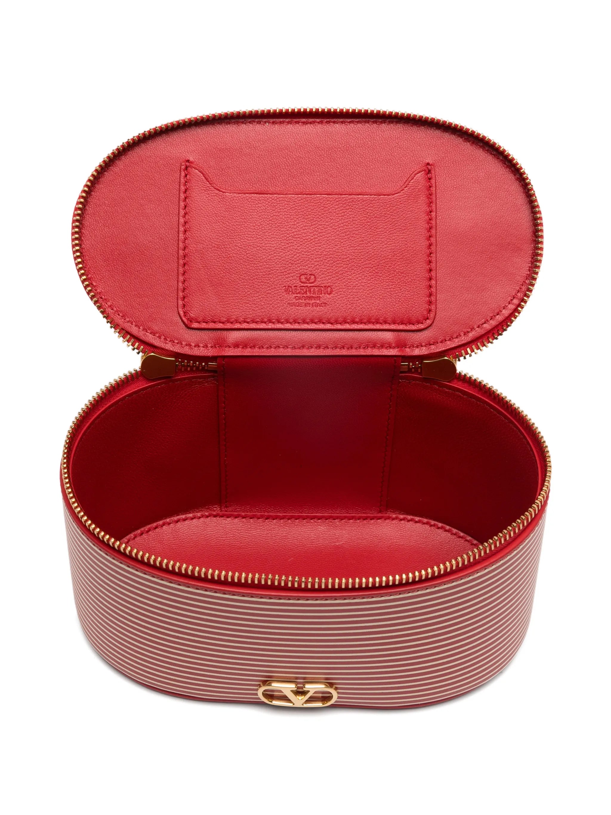 striped logo vanity bag