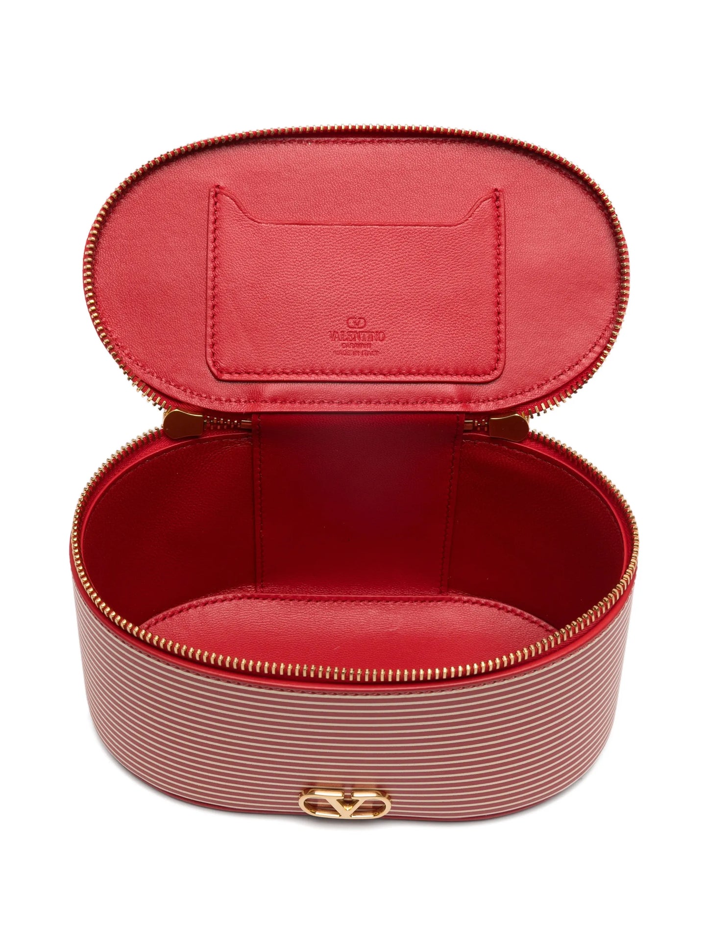 striped logo vanity bag