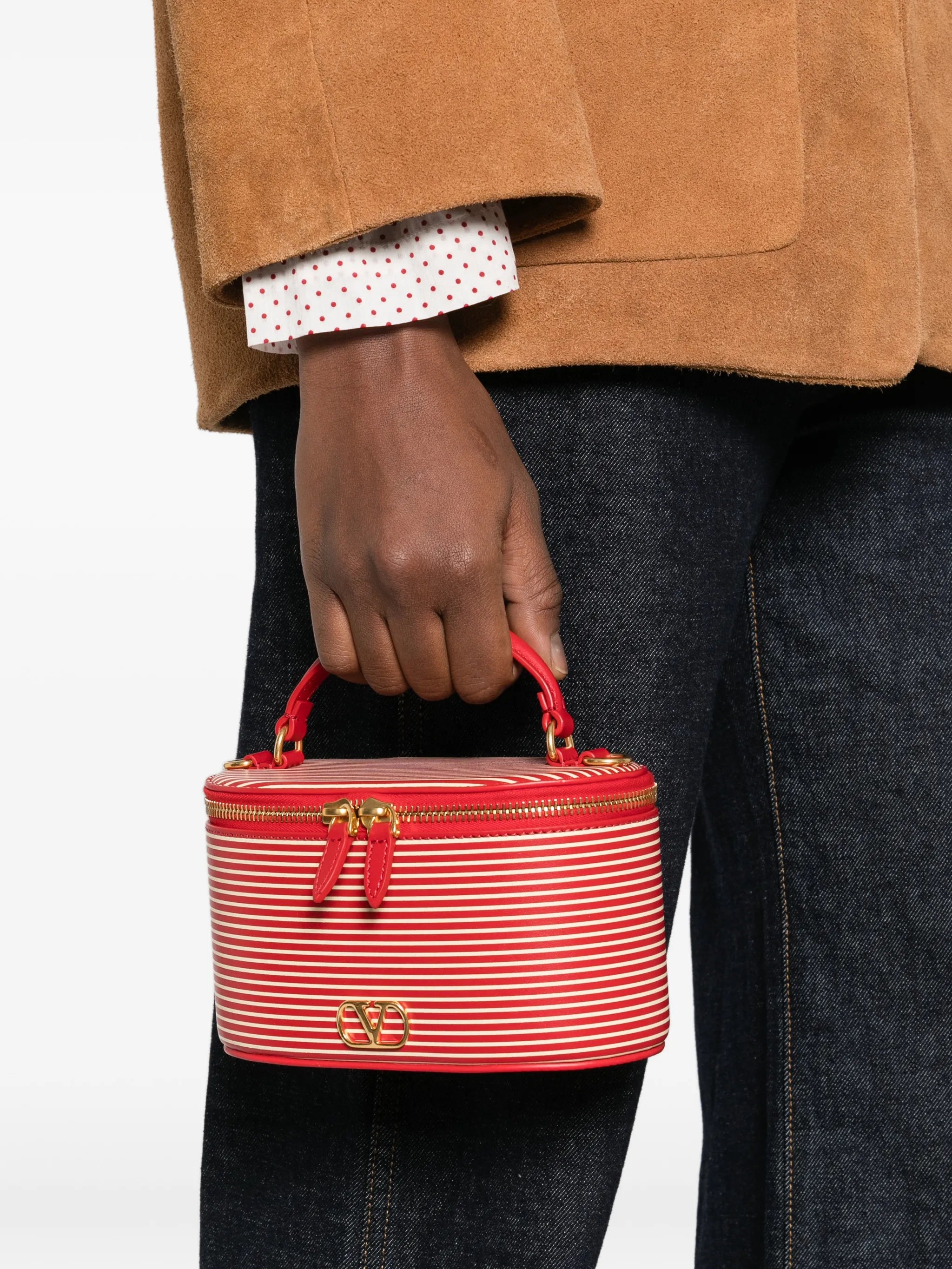 striped logo vanity bag