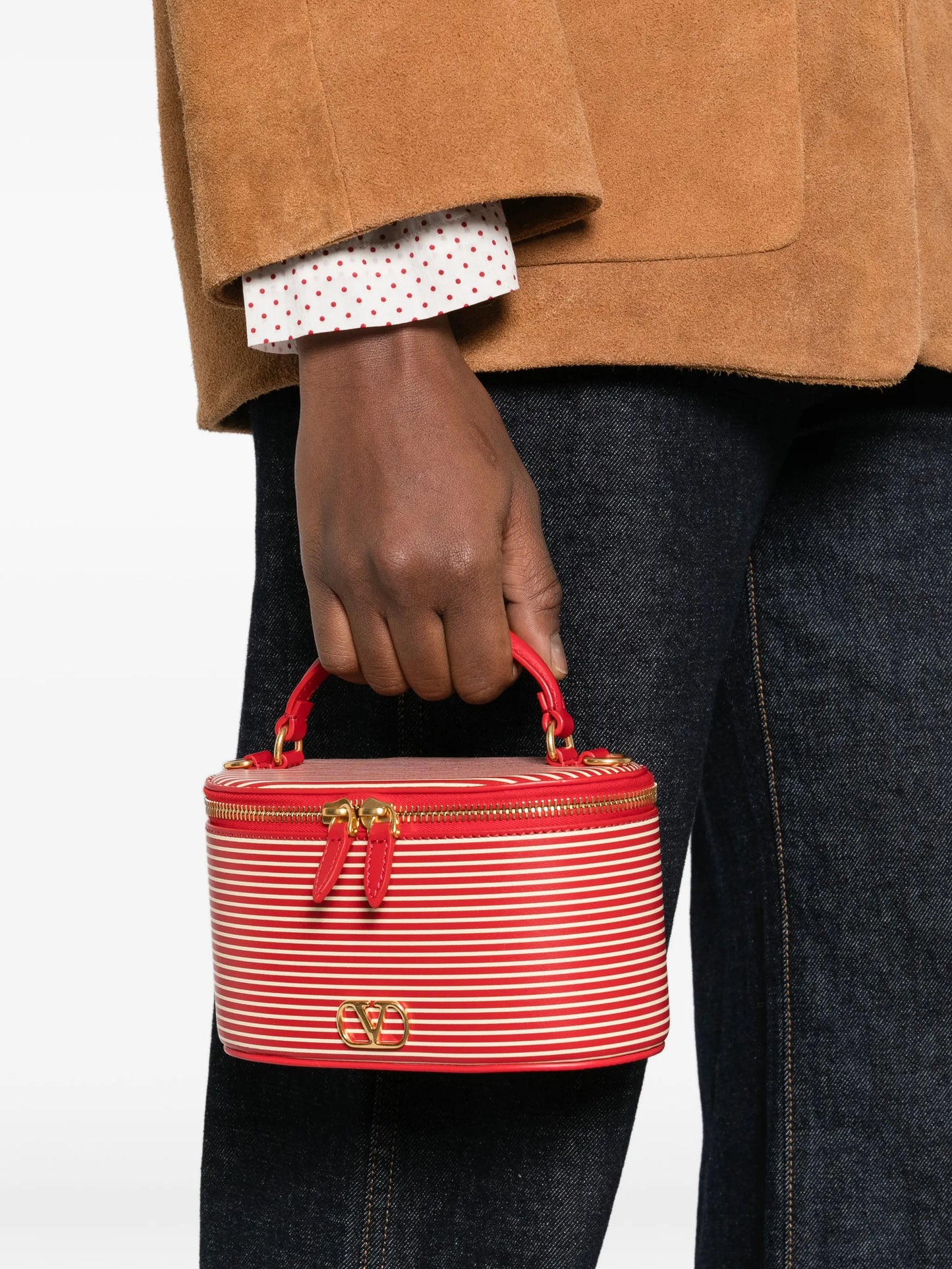 striped logo vanity bag