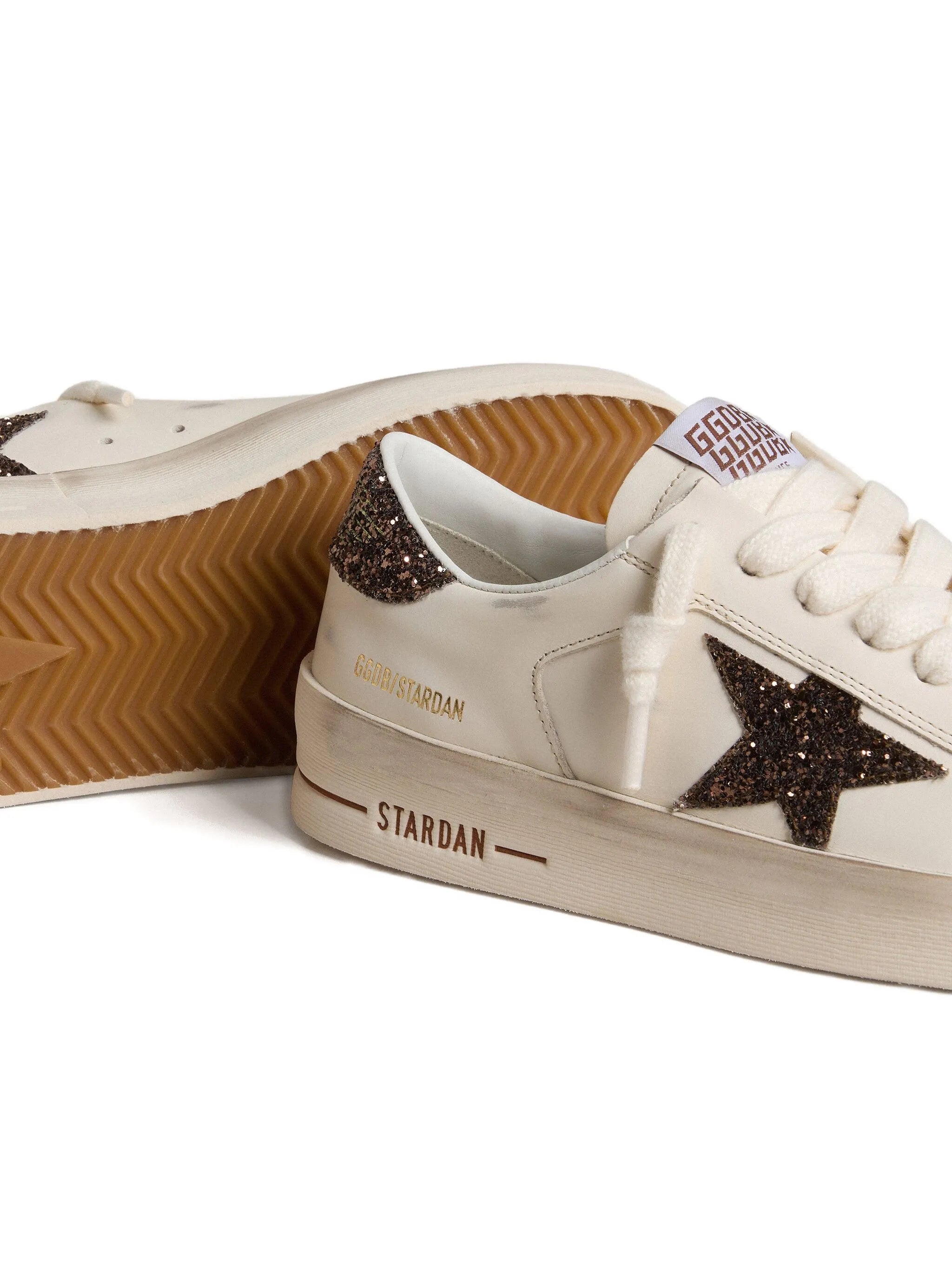 Stardan trainers in white leather with brown glitter star and heel tab