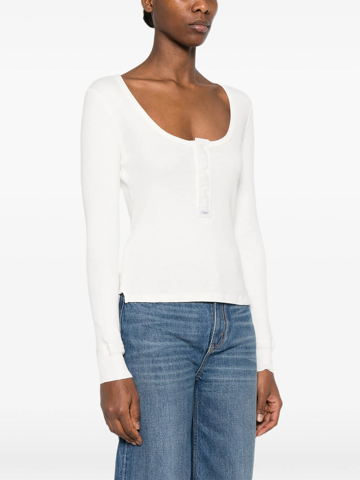 Henley ribbed-knit long-sleeve top