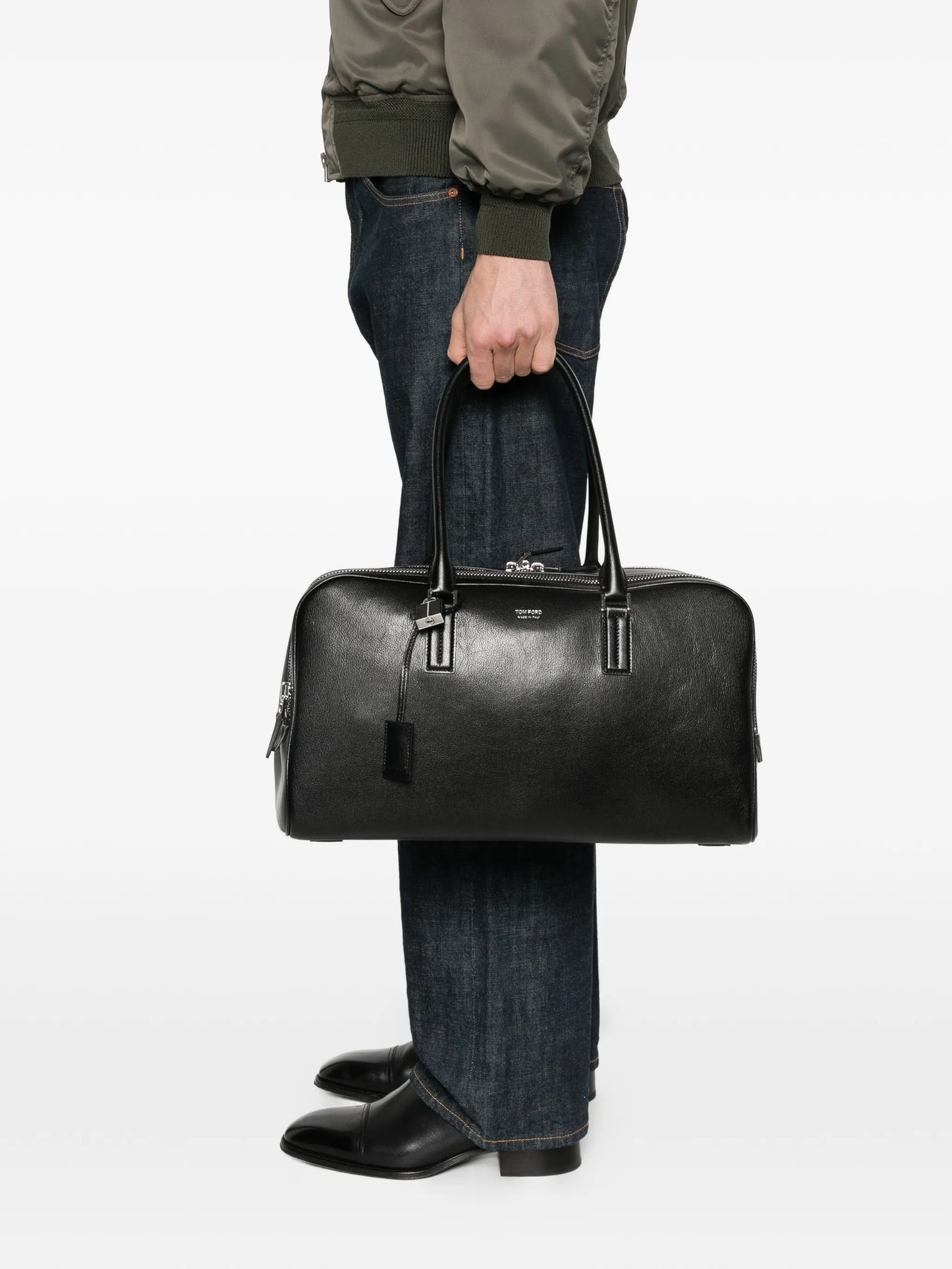 double-zip leather luggage bag