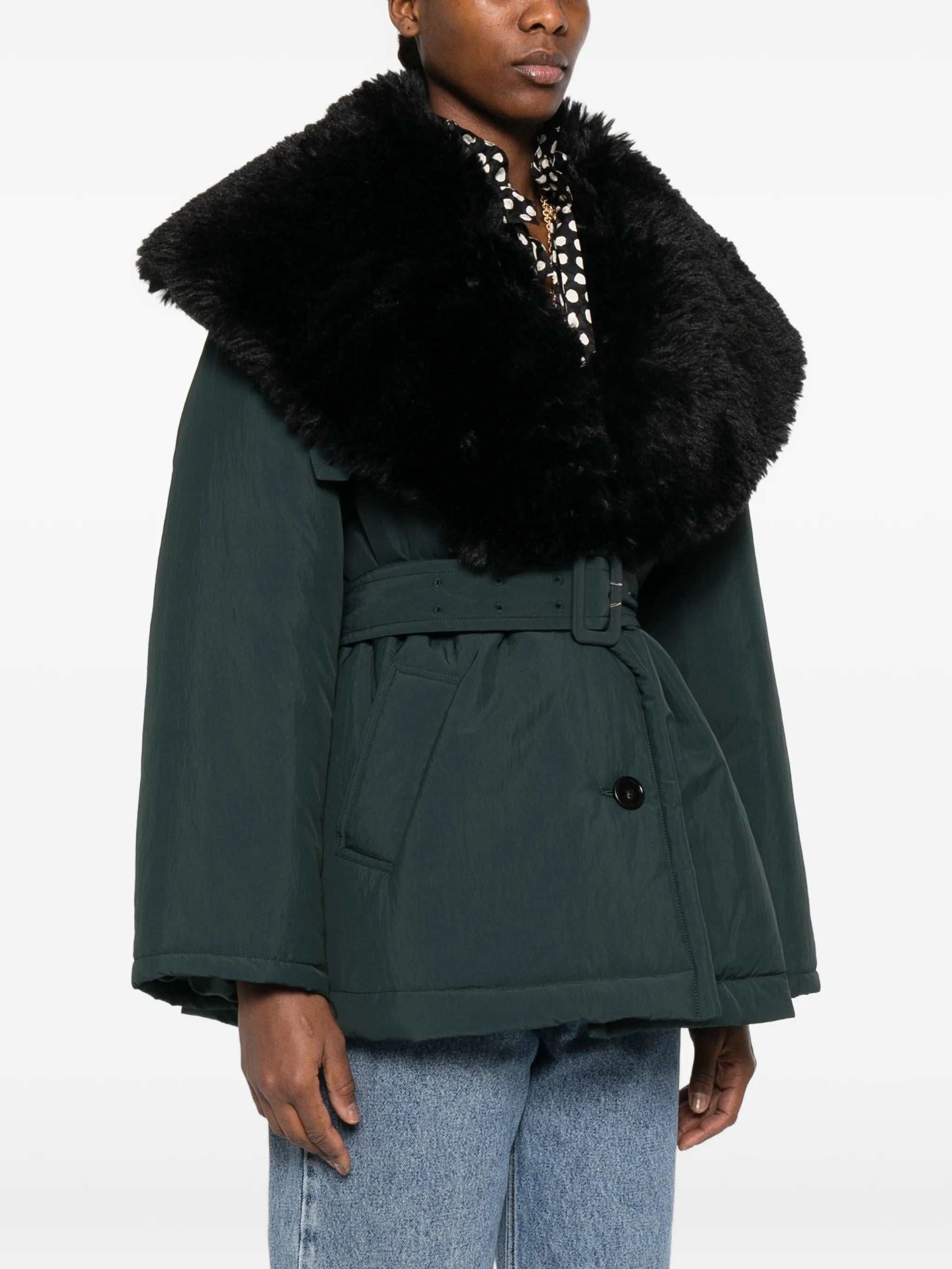 detachable faux-shearling collar belted coat