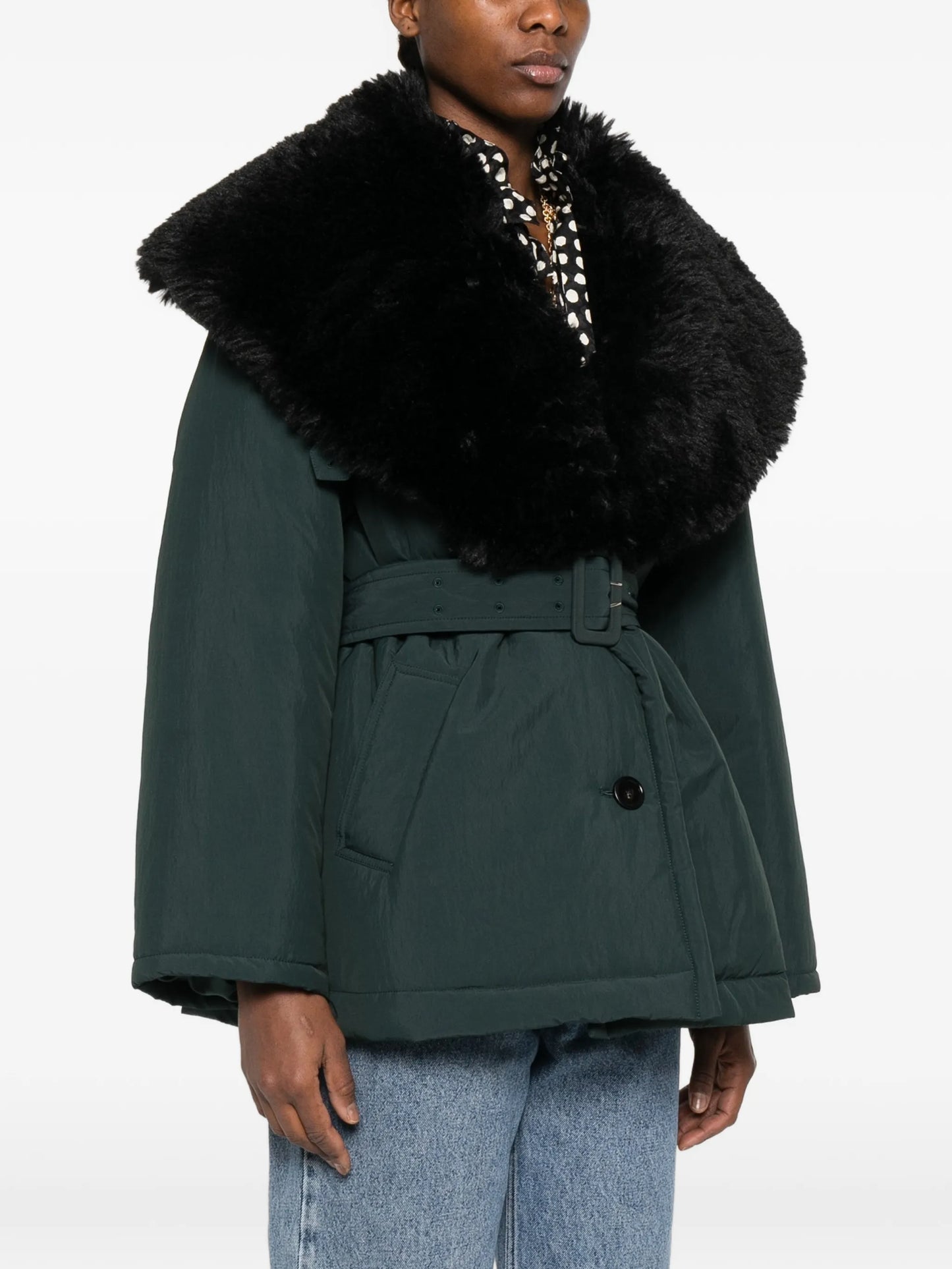 detachable shearling collar belted coat