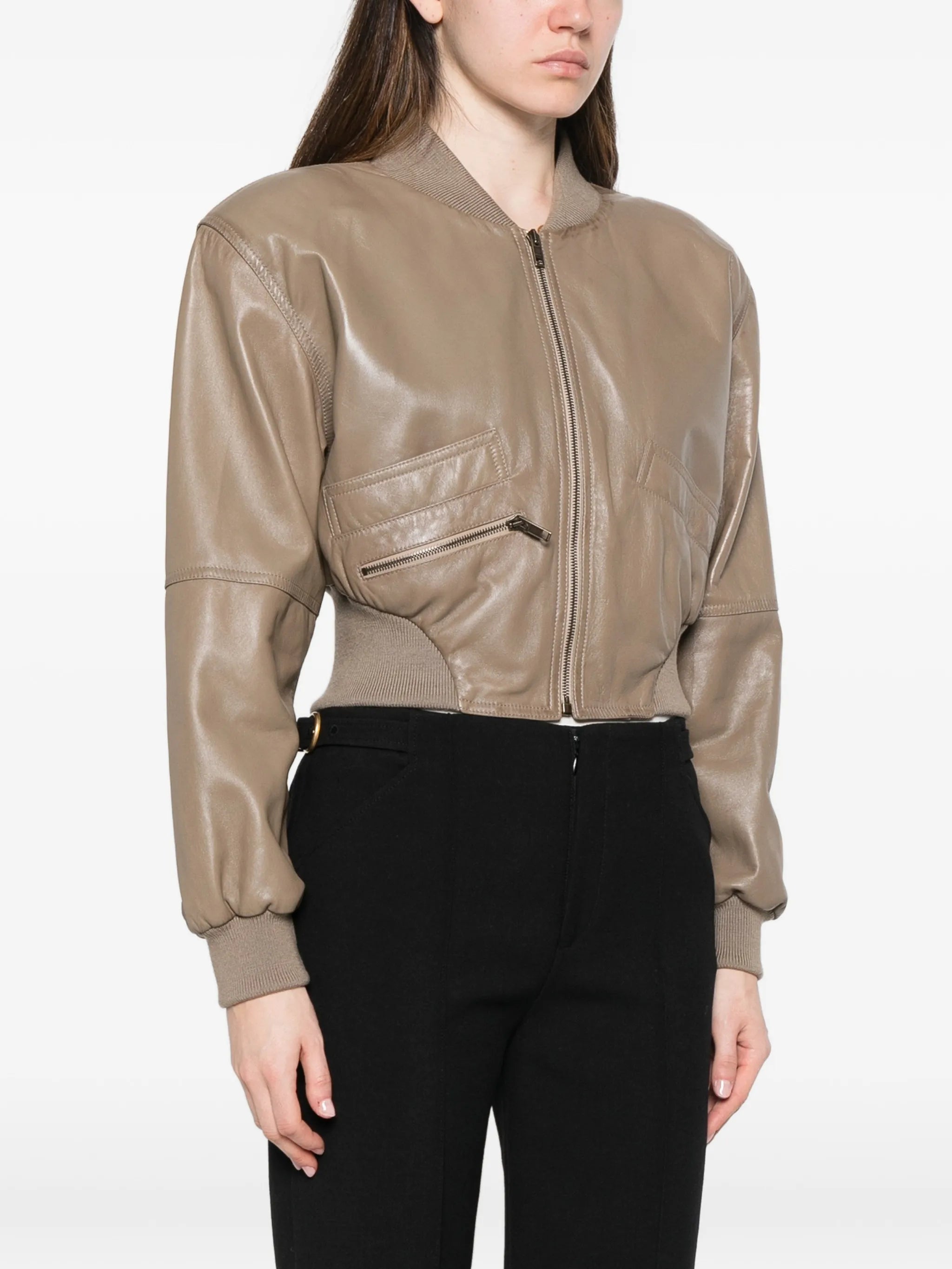 padded-shoulders leather crop jacket
