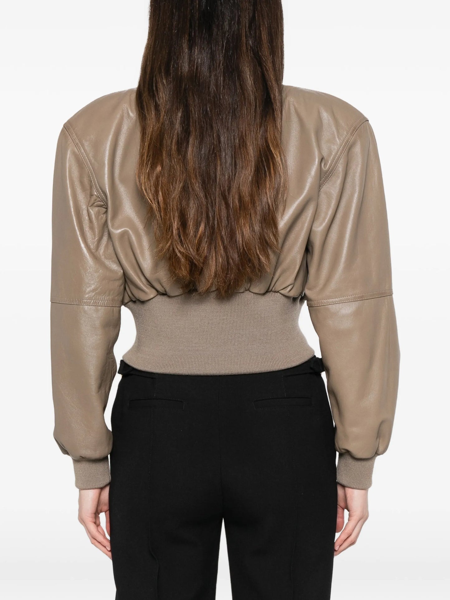 padded-shoulders leather crop jacket