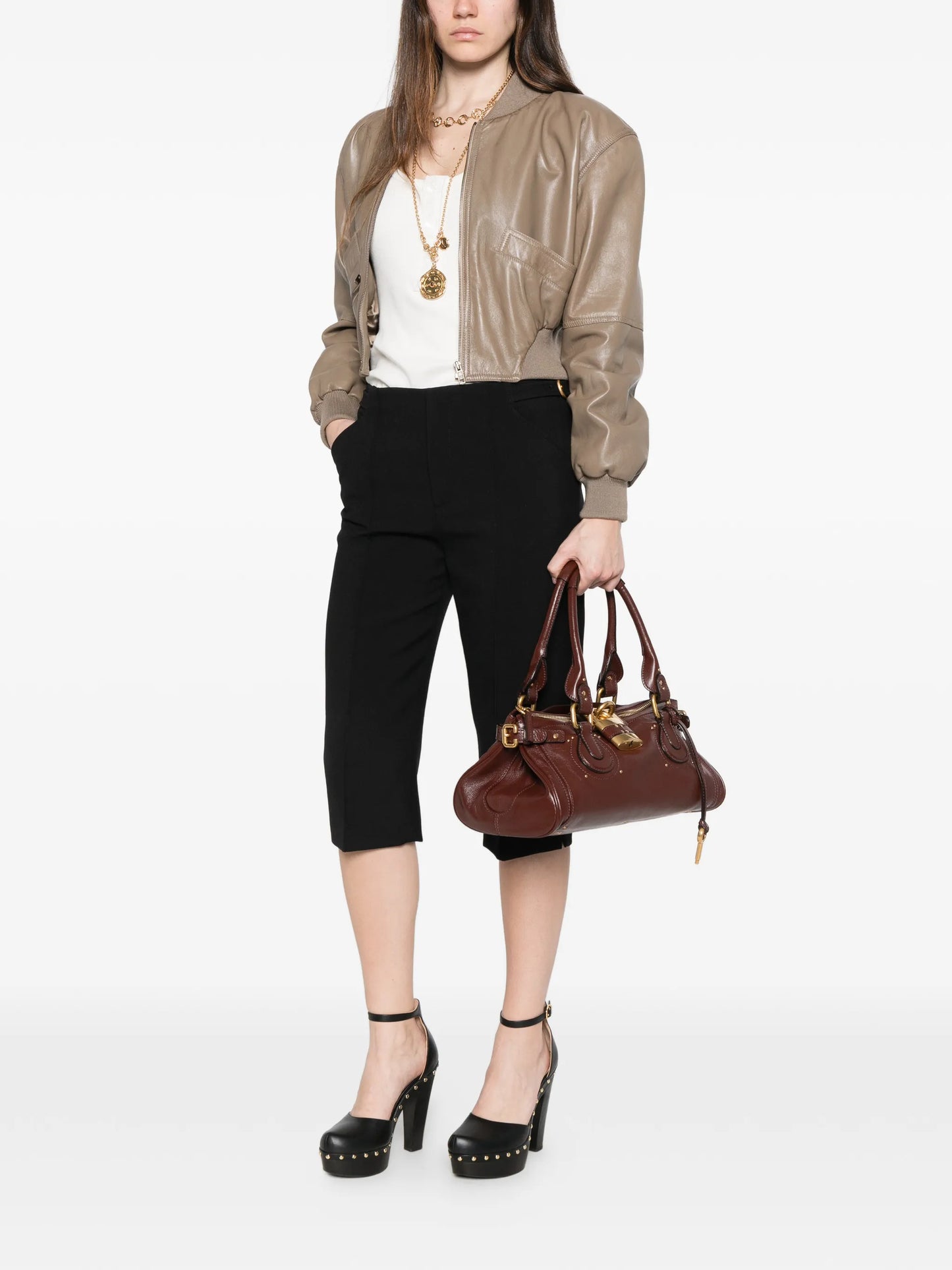 padded-shoulders leather crop jacket