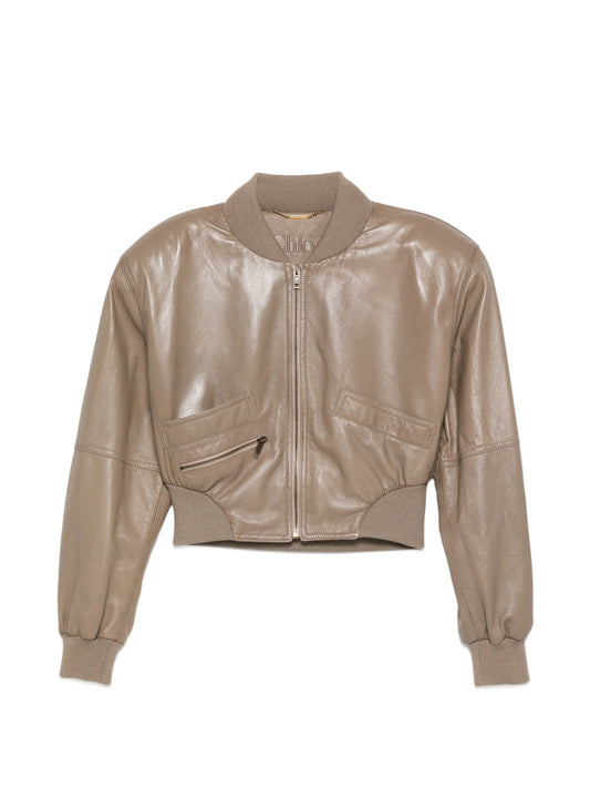 padded-shoulders leather crop jacket