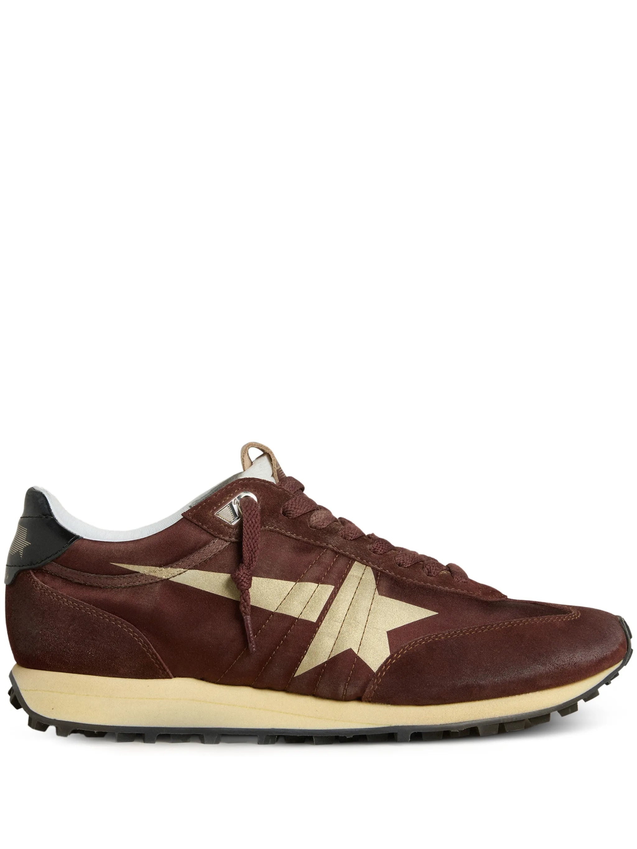 Marathon trainers with brown satin upper and platinum leather star