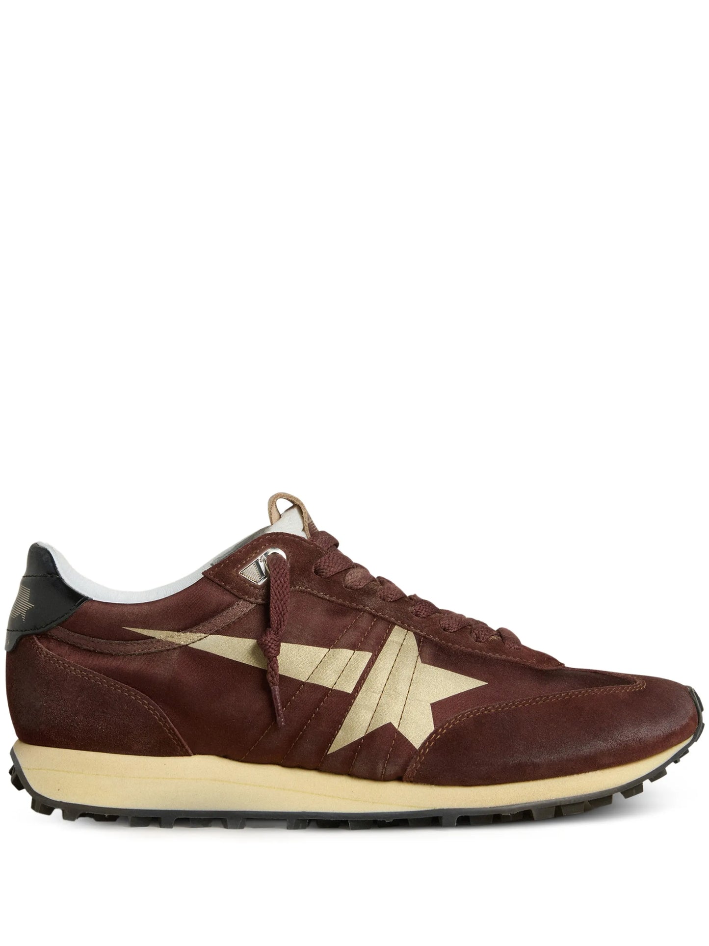 Marathon trainers with brown satin upper and platinum leather star