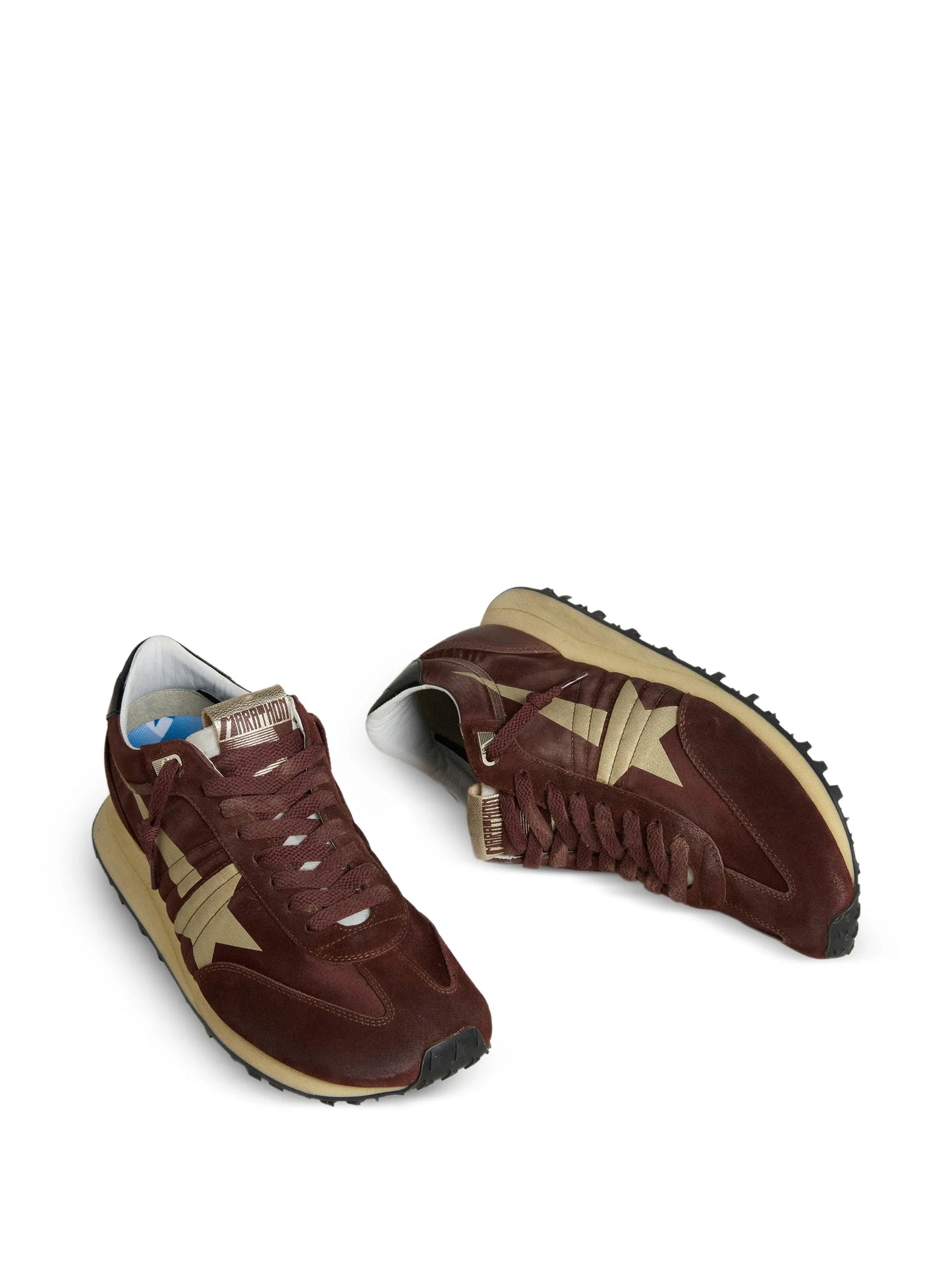 Marathon trainers with brown satin upper and platinum leather star