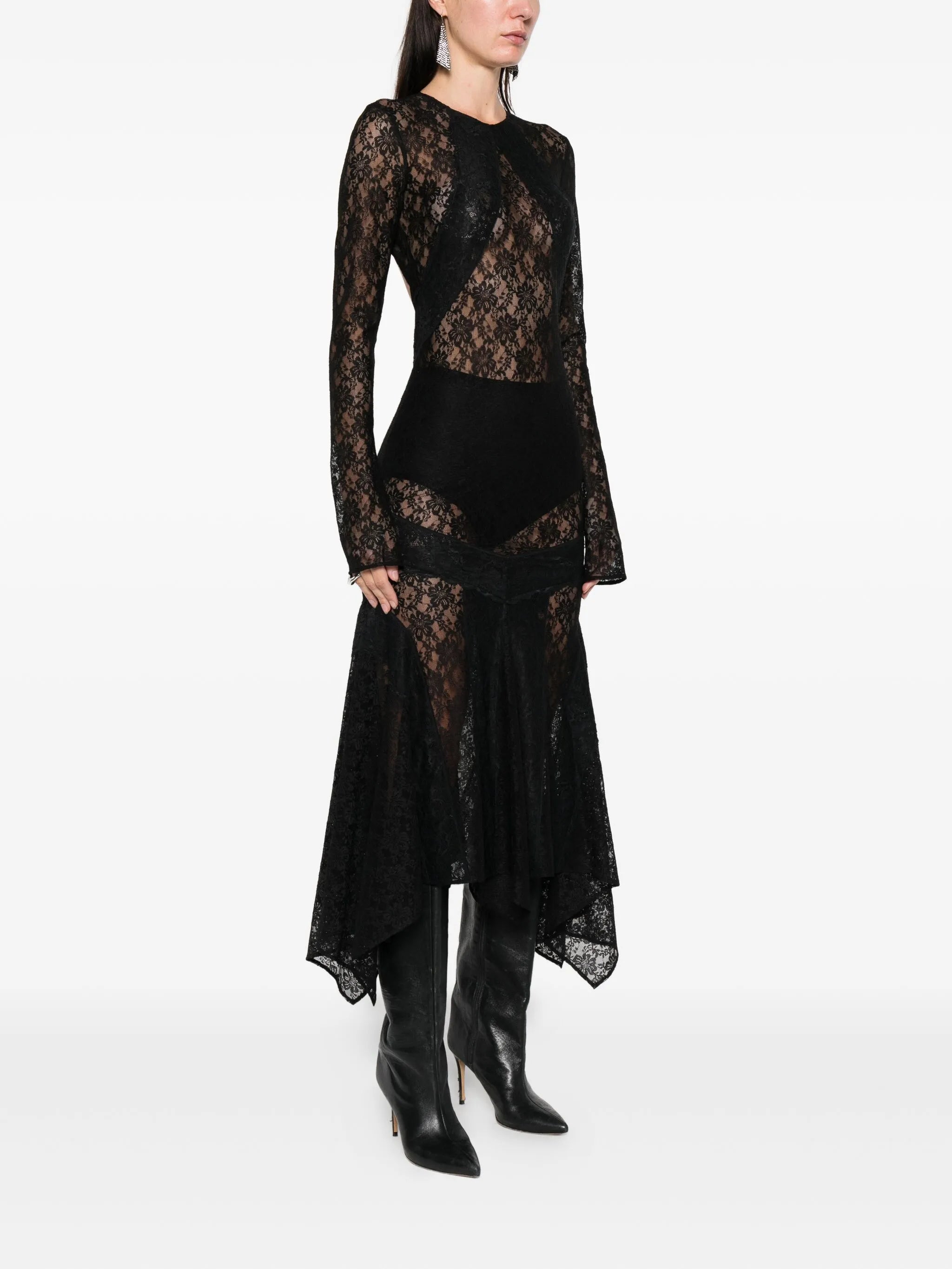 lace asymmetric-hem midi dress