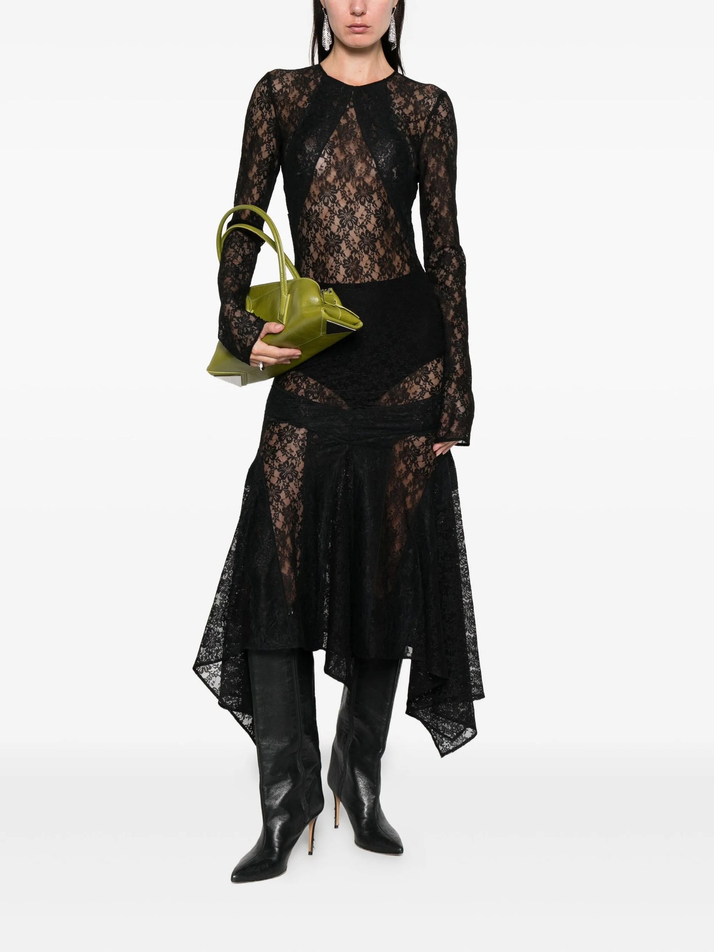 lace asymmetric-hem midi dress