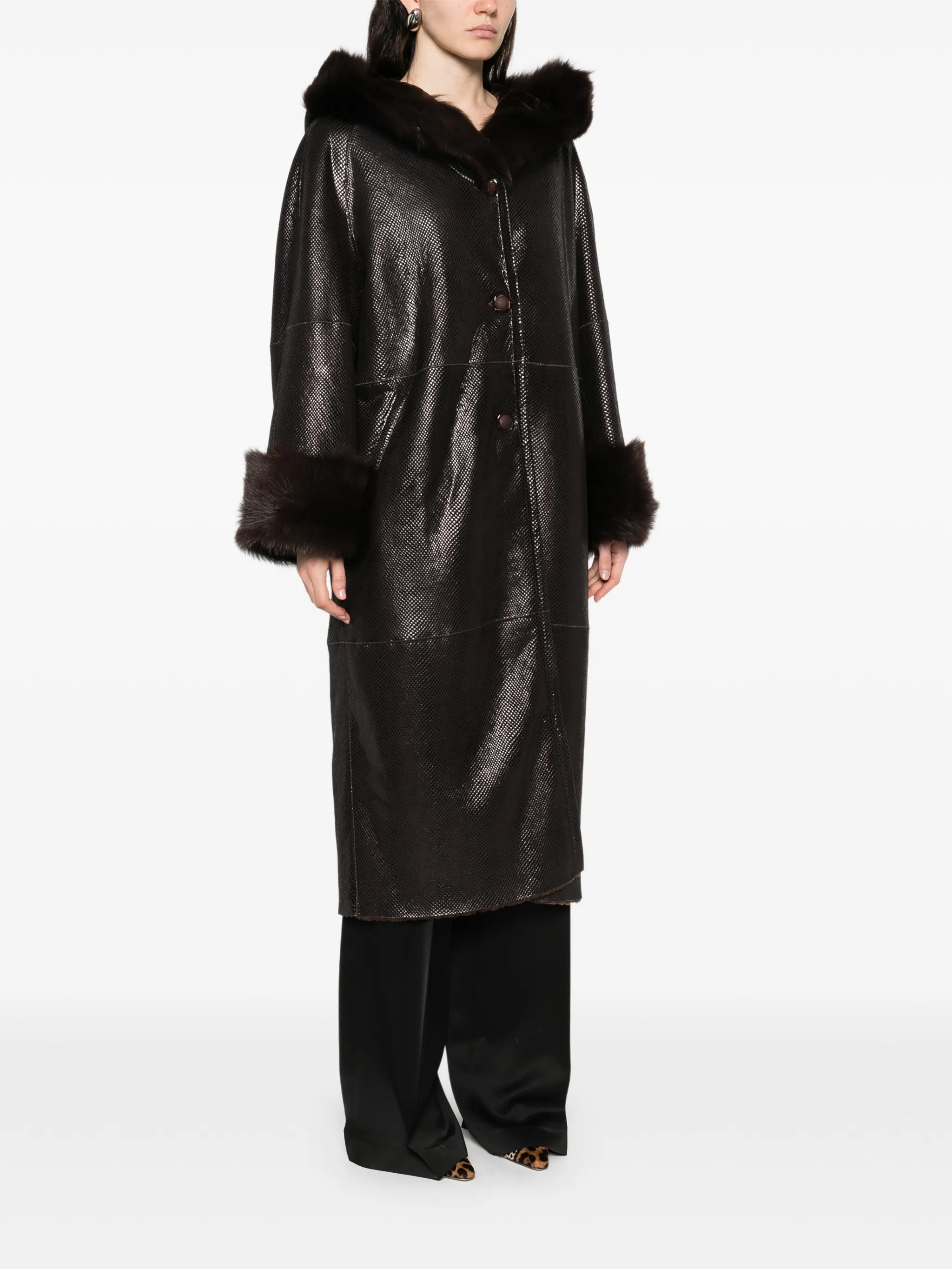 Gancin fur collar leather coat