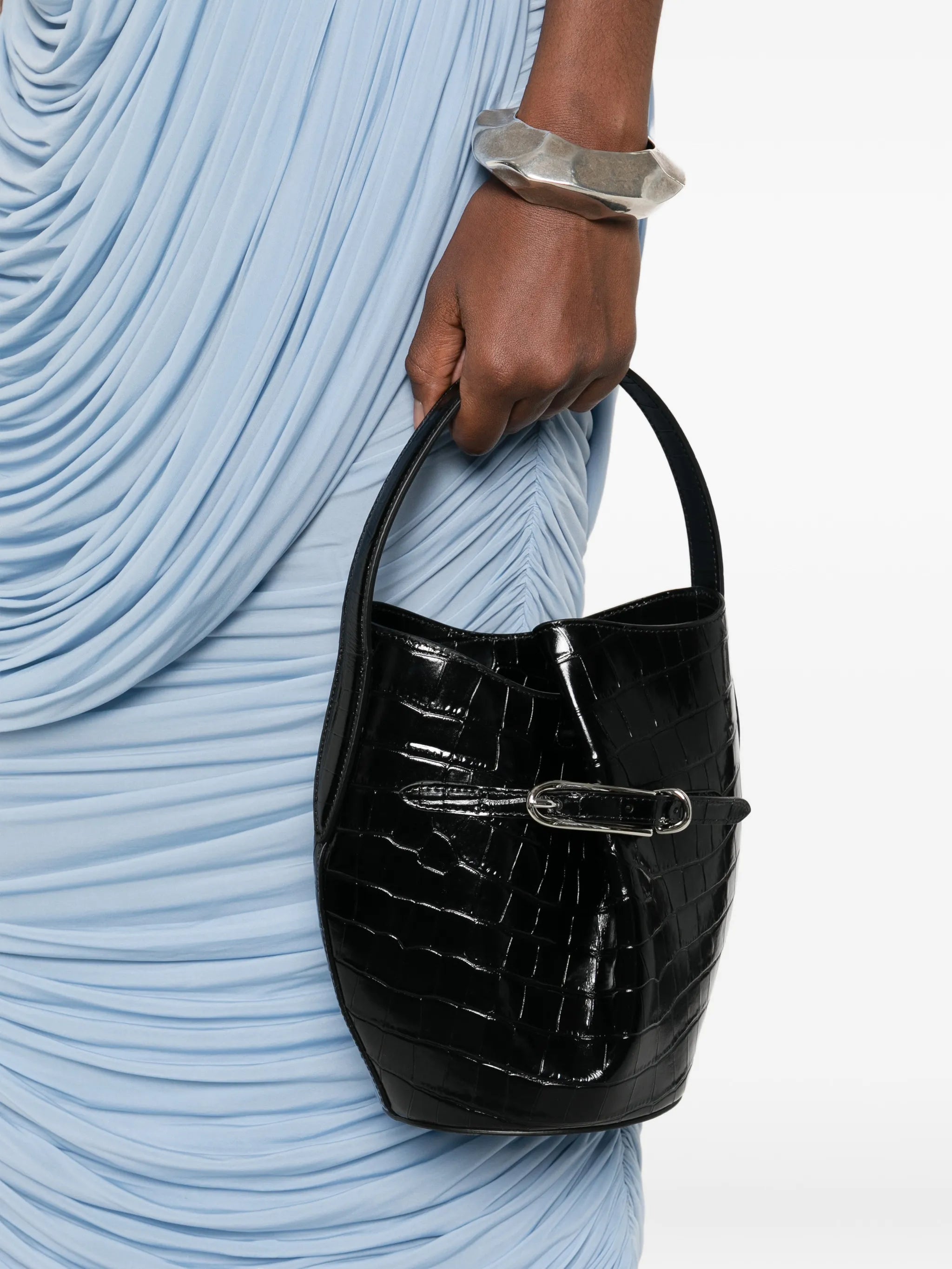 croc-embossing belted bucket bag