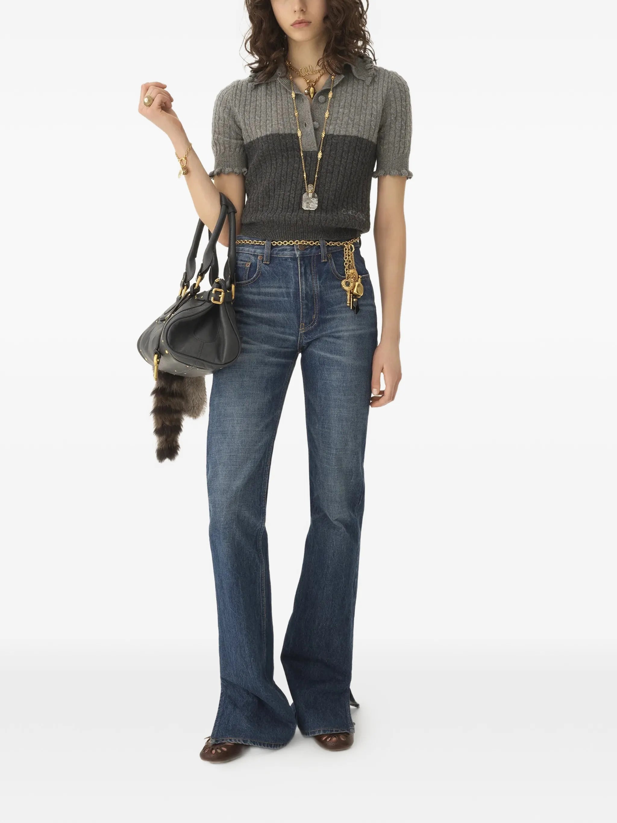 ruffled cable-knit polo top