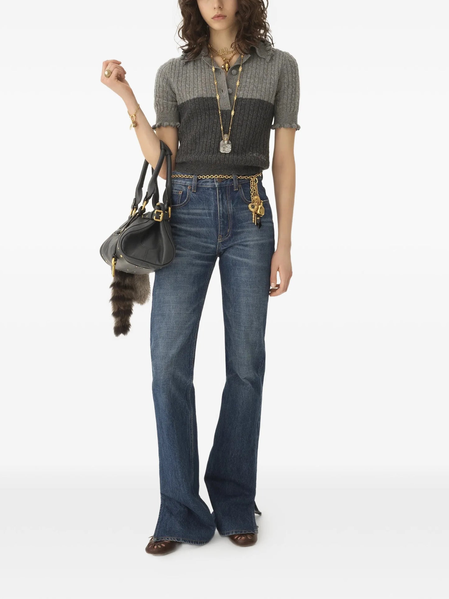 ruffled cable-knit polo top