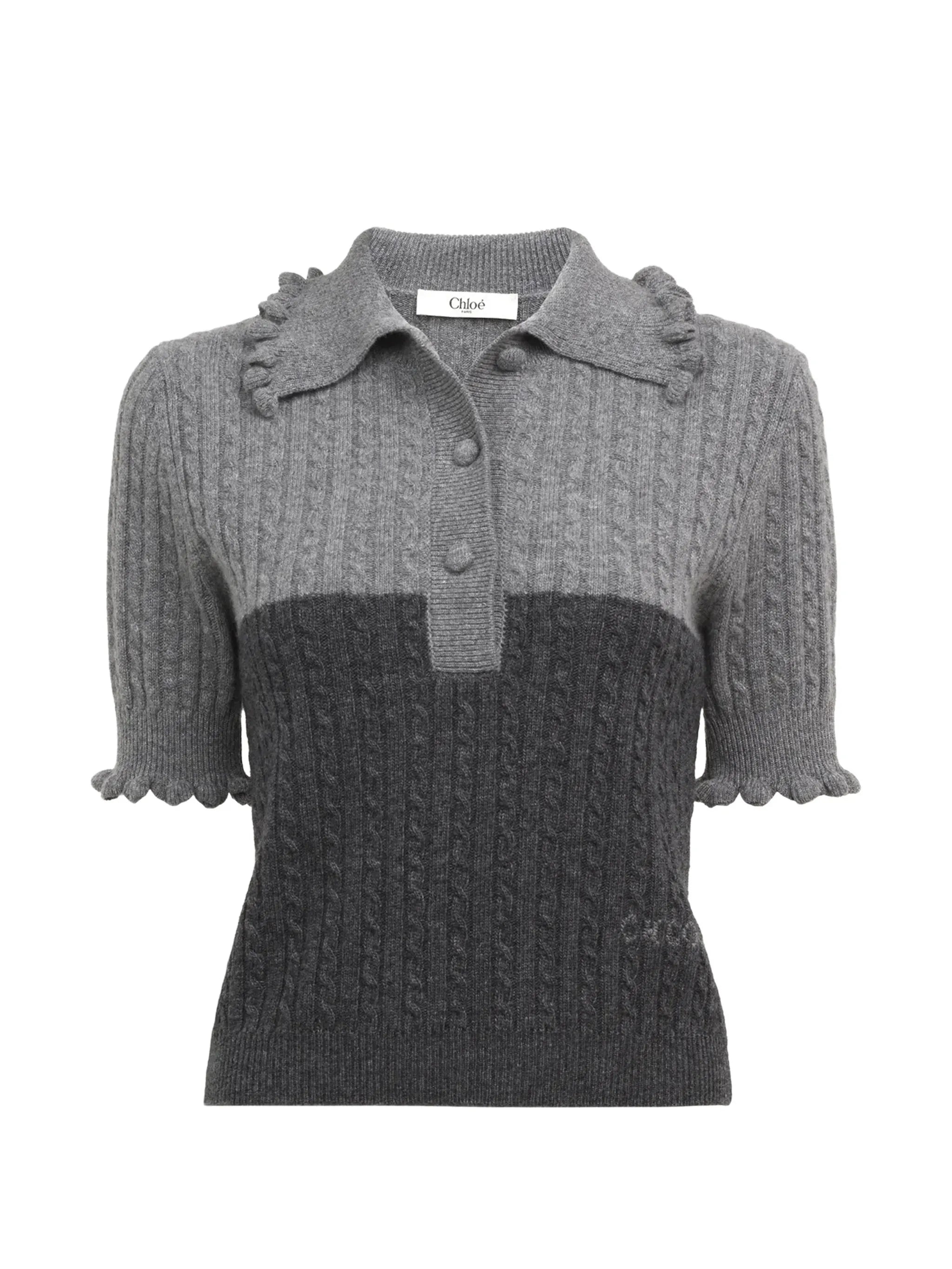 ruffled cable-knit polo top