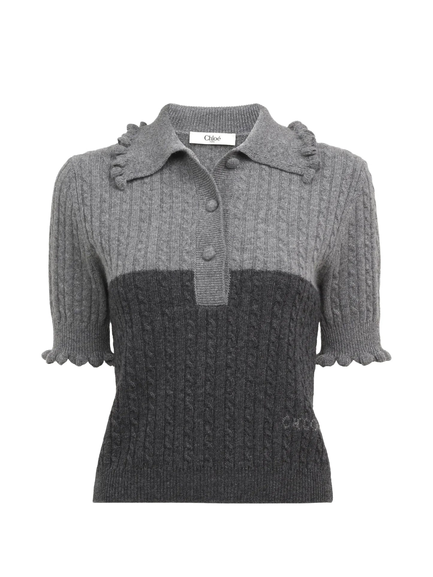 ruffled cable-knit polo top