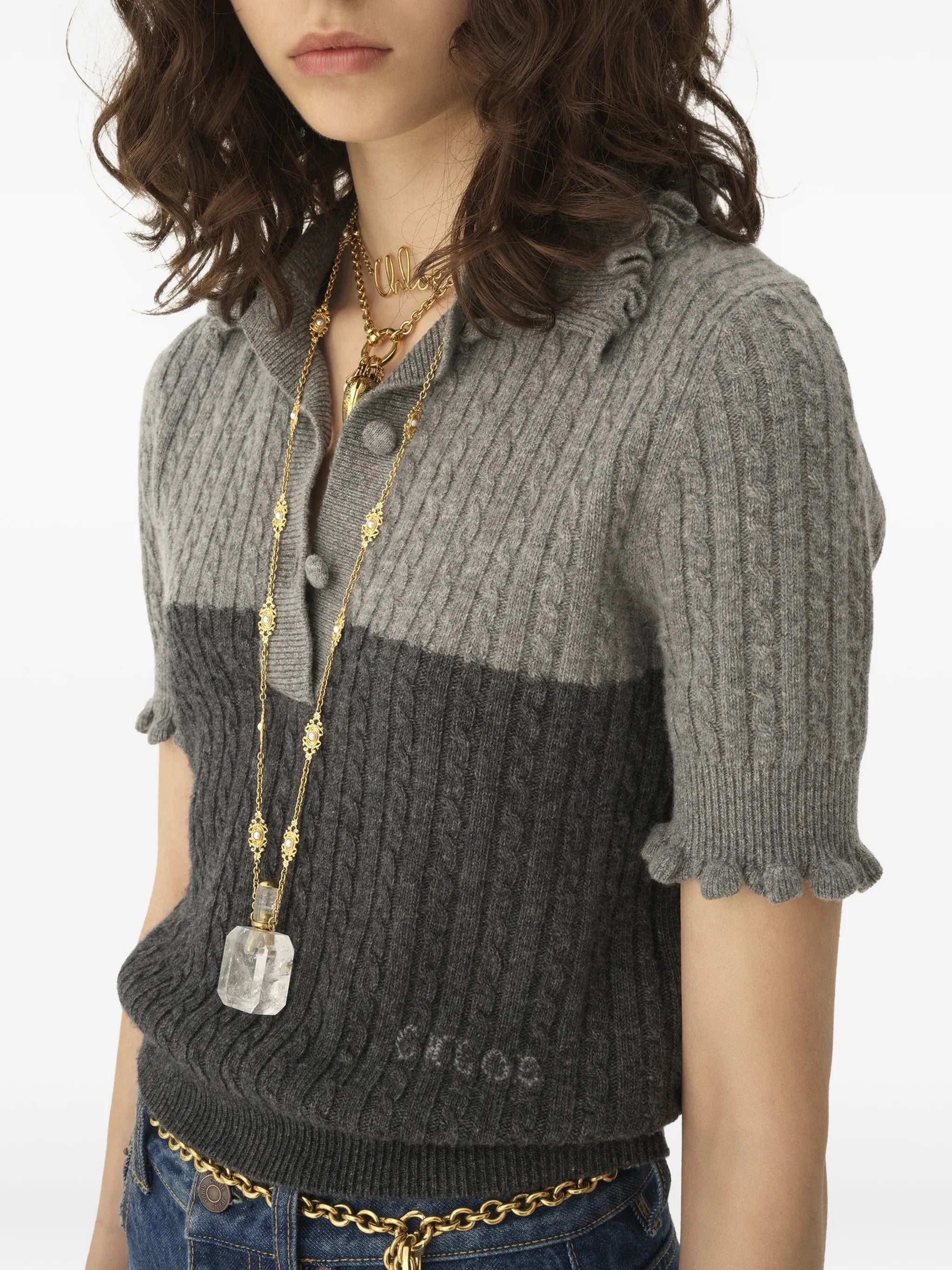 ruffled cable-knit polo top