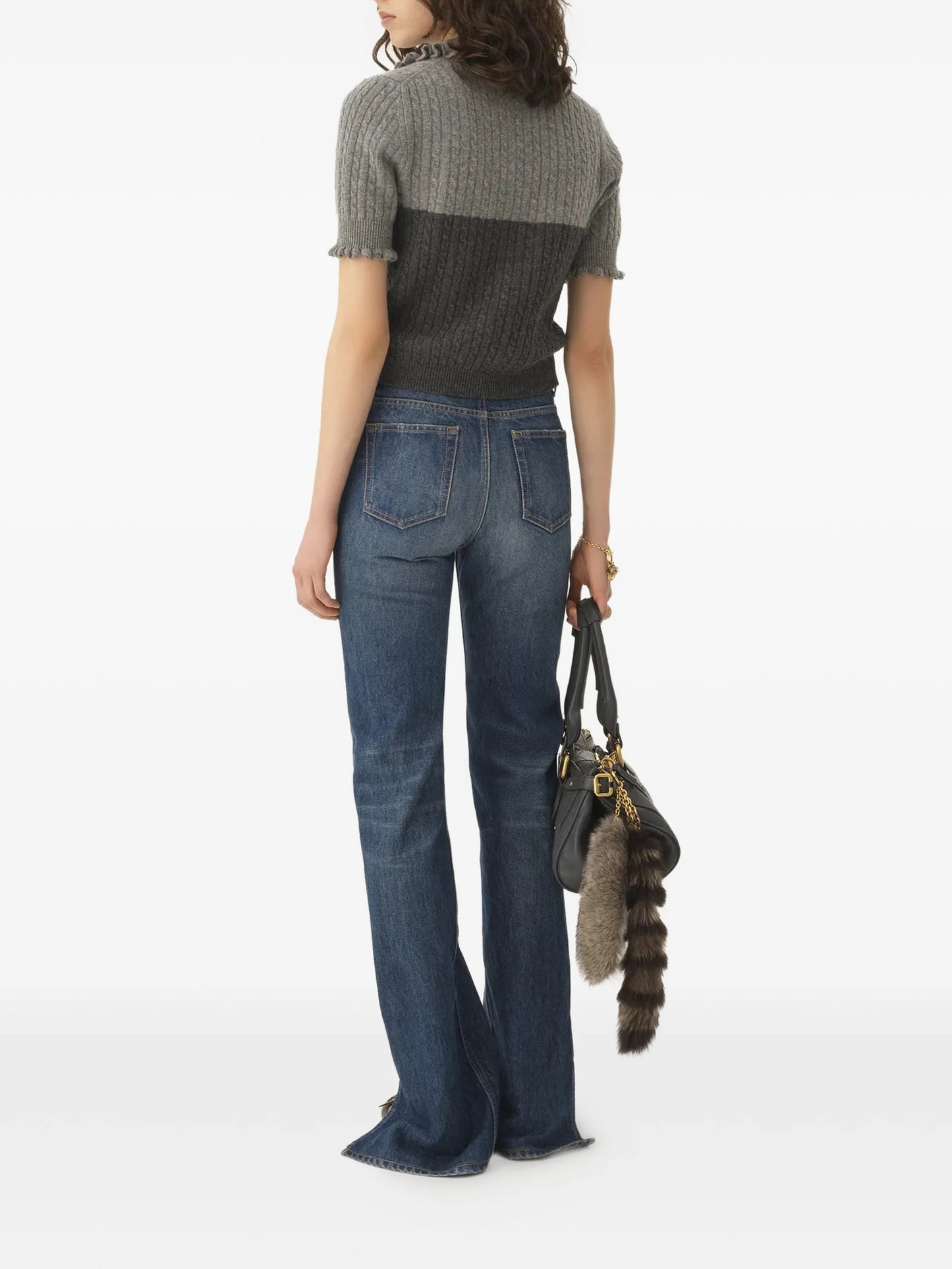 ruffled cable-knit polo top