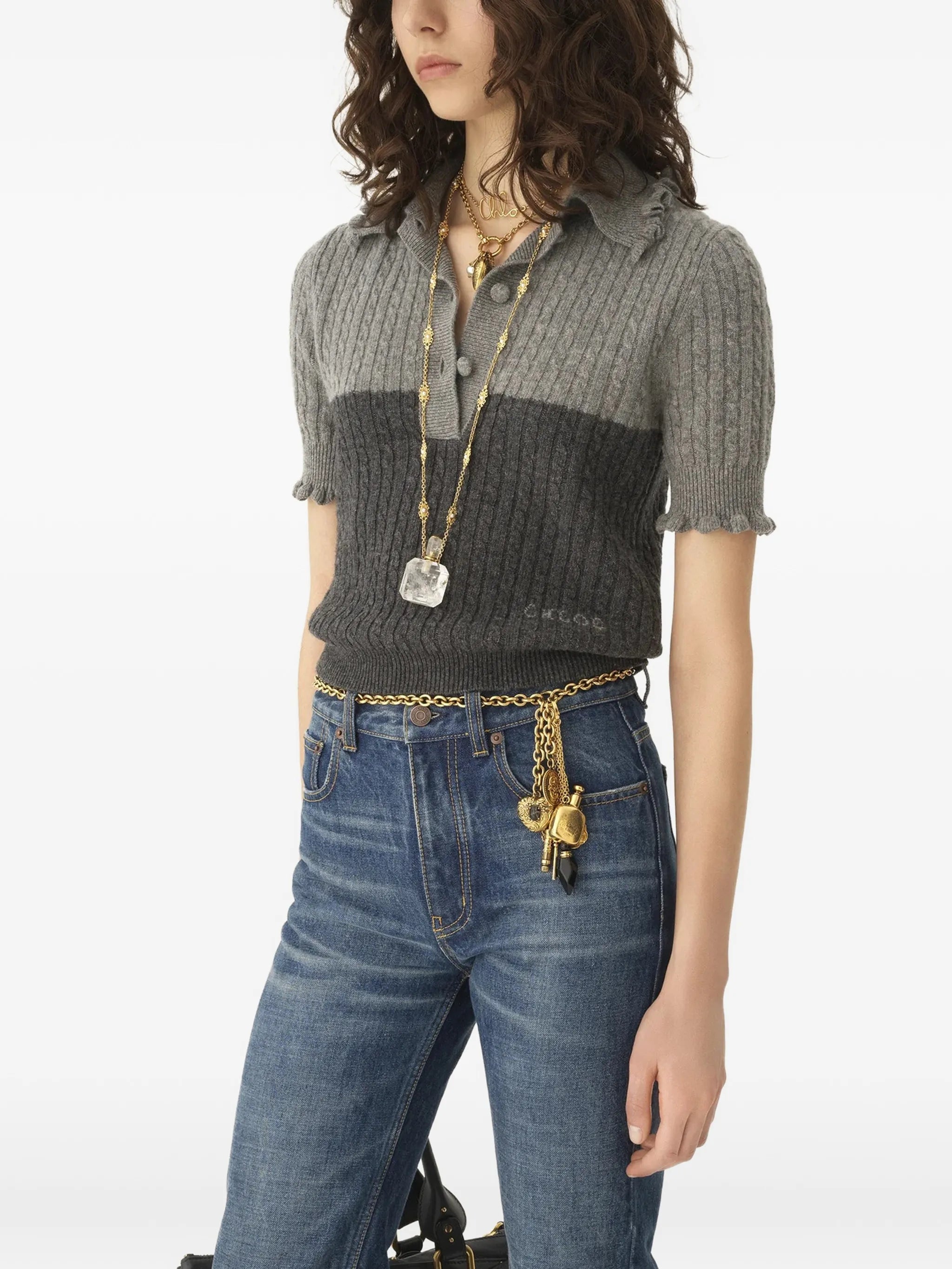 ruffled cable-knit polo top
