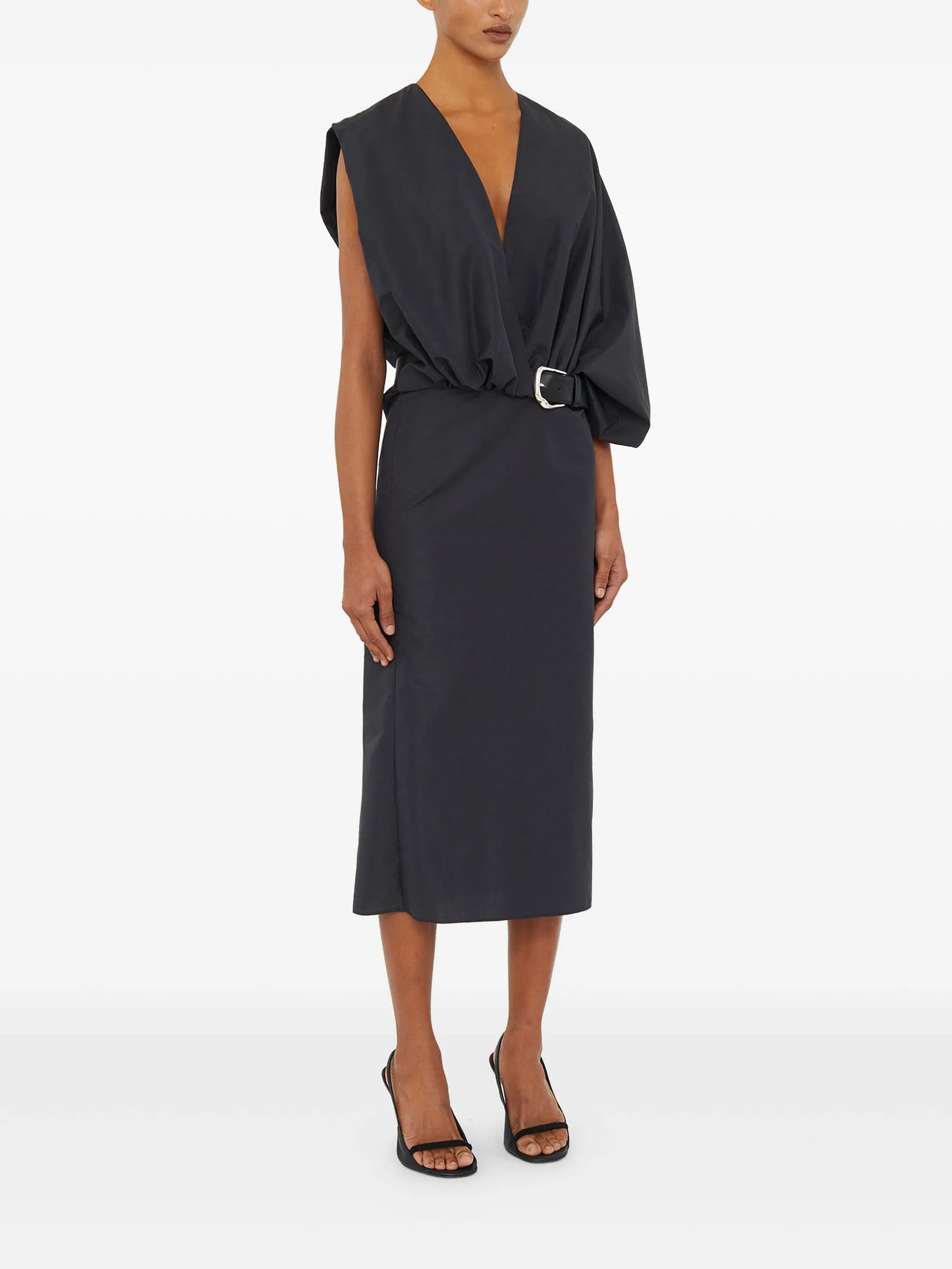 belted swaddled taffeta midi dress