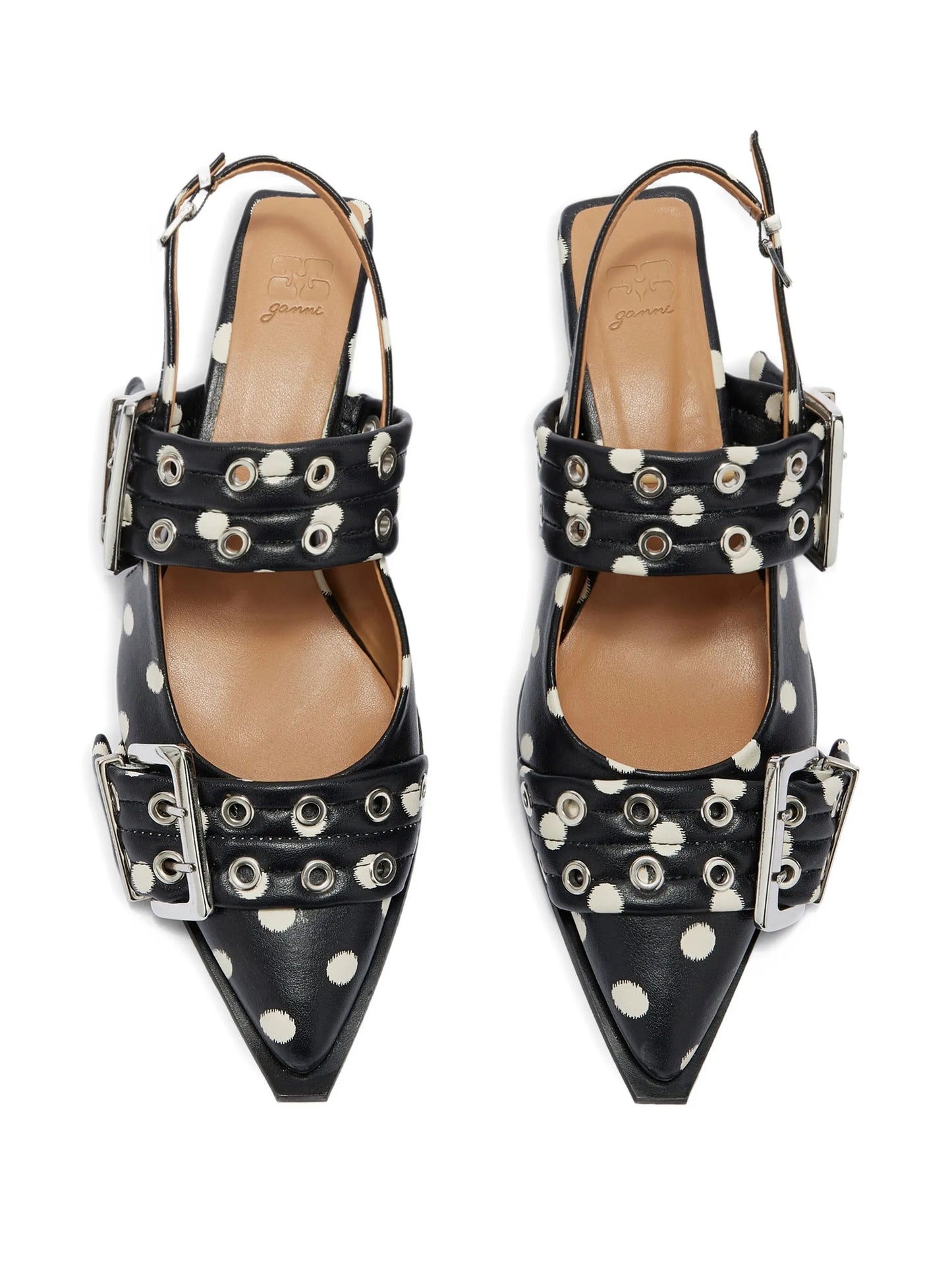 polka-dot buckle pumps