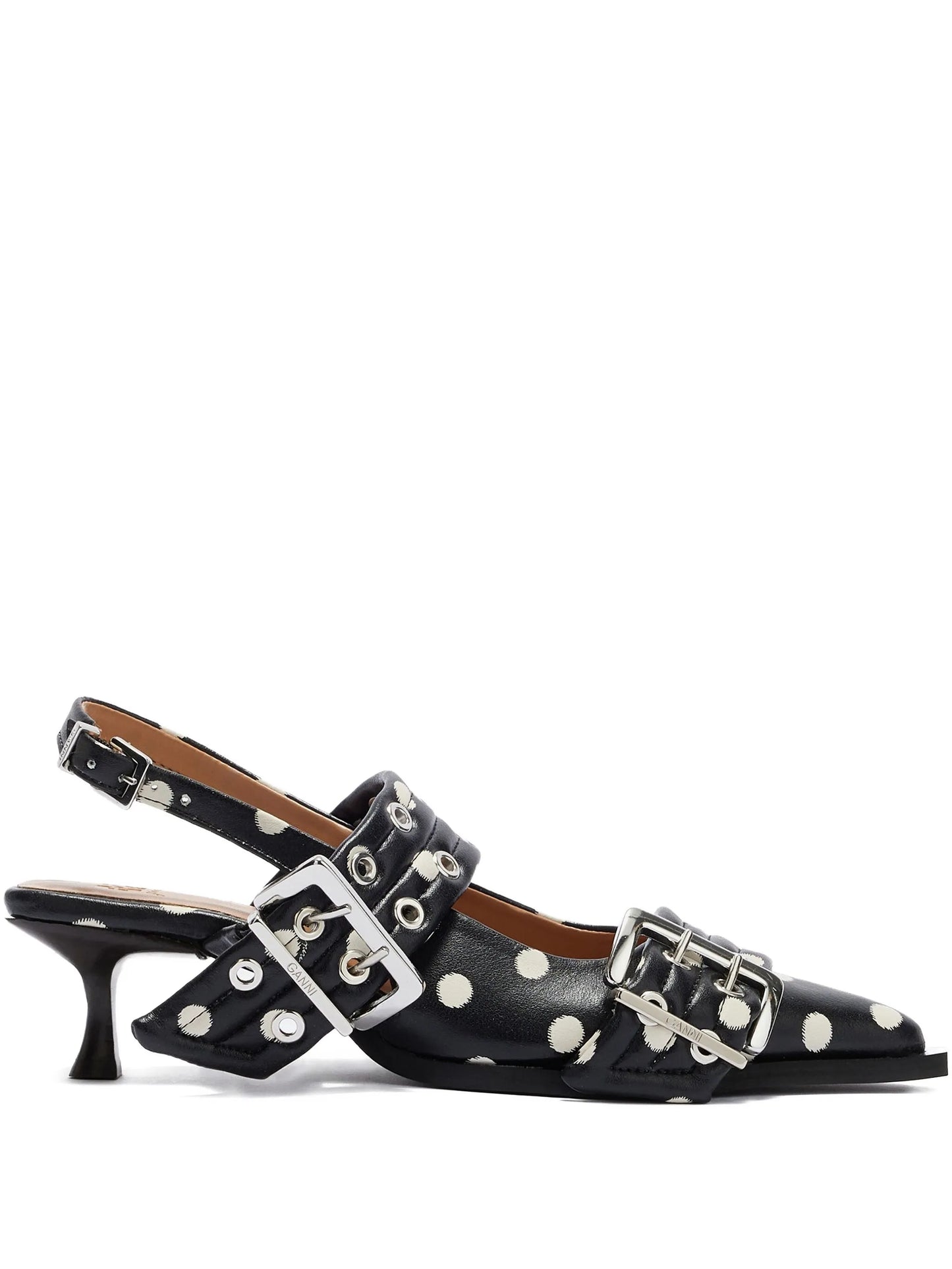 polka-dot buckle pumps